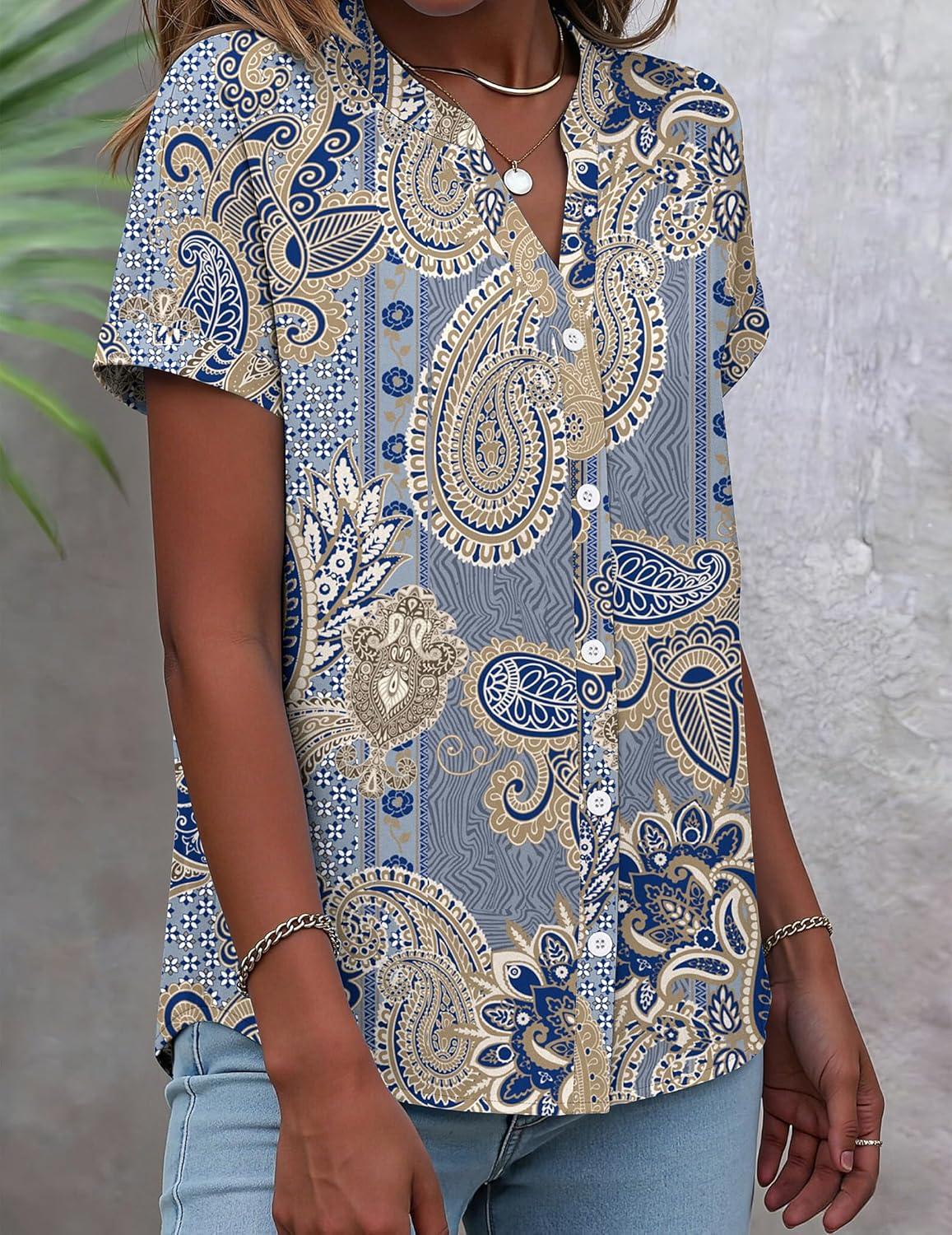 imageZeagoo Ladies Tops and Blouses Button Down Short Sleeve Shirts Summer Dressy Casual Clothes Floral Work Outfits