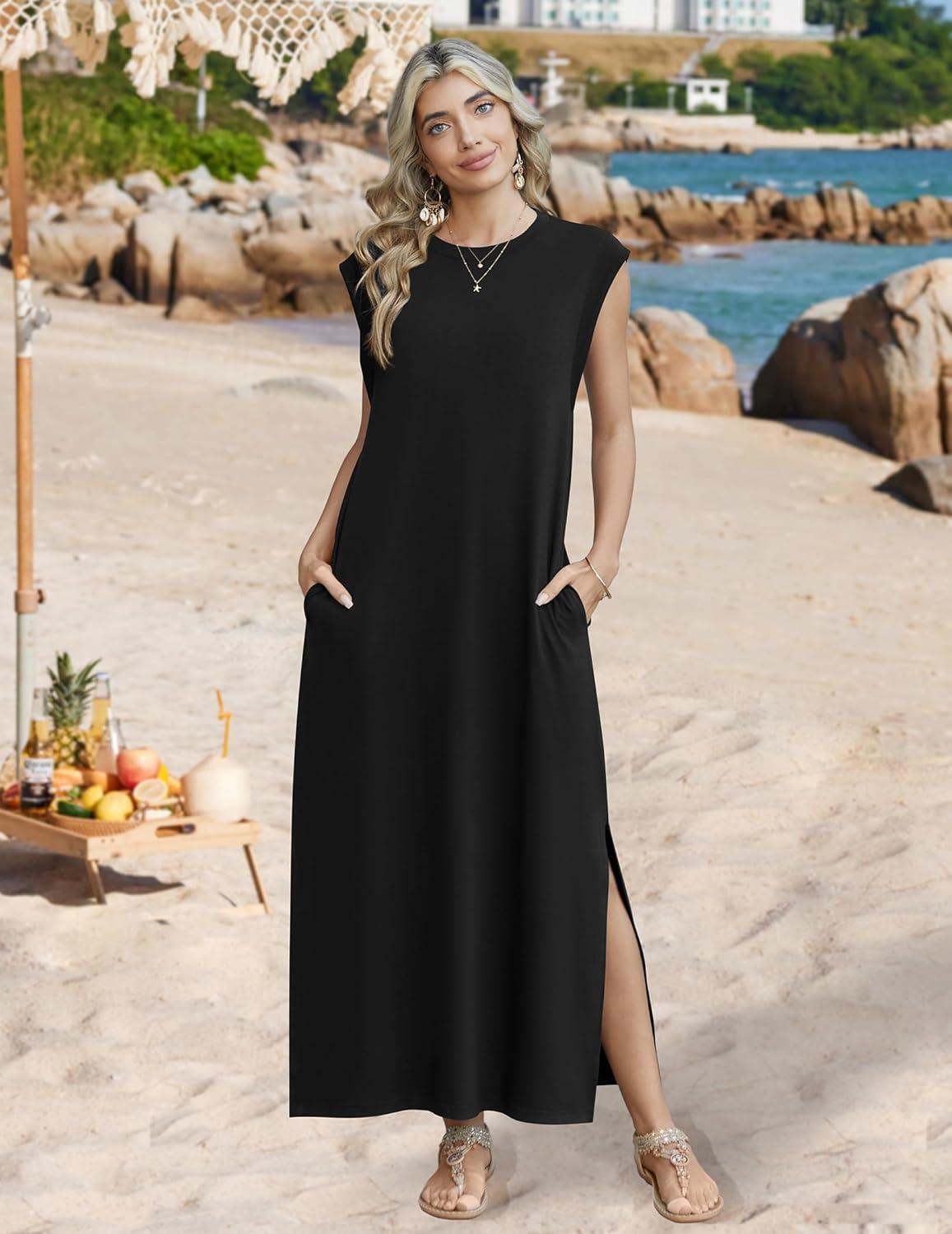 imageZeagoo Summer Dresses for Women 2026 Long Maxi Sundresses Loose Split WrinkleFree Beach Travel Vacation ClothesA01black