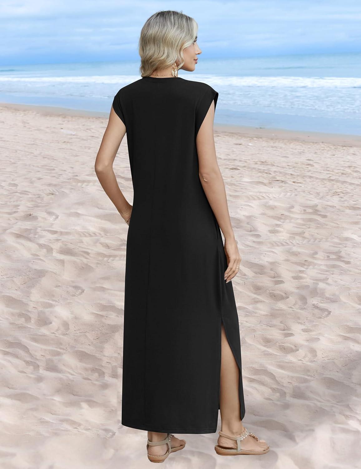 imageZeagoo Summer Dresses for Women 2026 Long Maxi Sundresses Loose Split WrinkleFree Beach Travel Vacation ClothesA01black