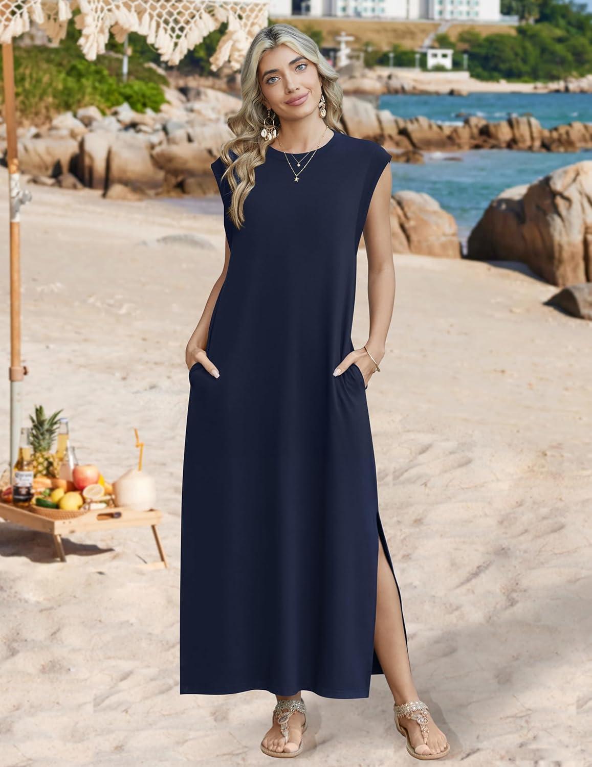 imageZeagoo Summer Dresses for Women 2026 Long Maxi Sundresses Loose Split WrinkleFree Beach Travel Vacation ClothesA02blue