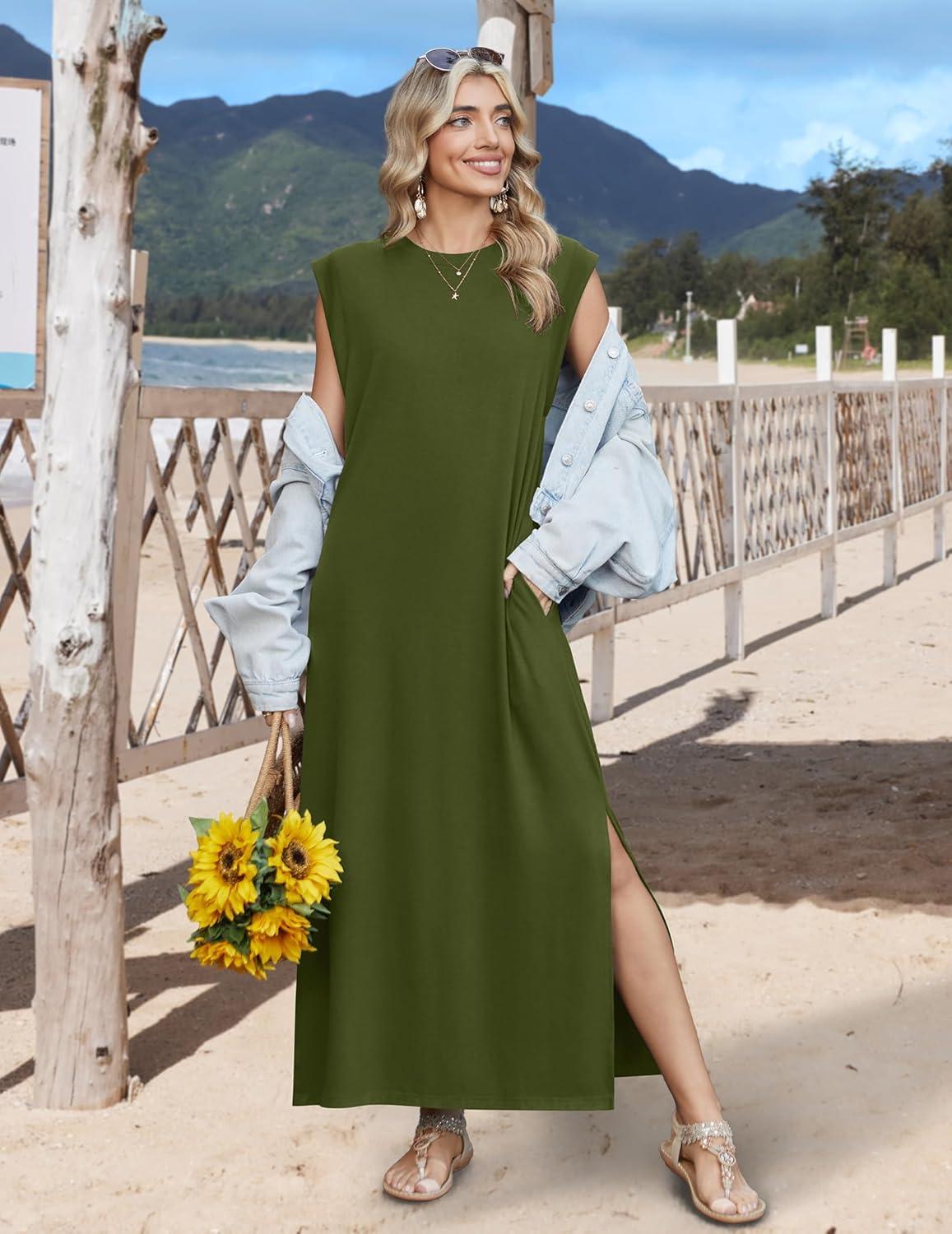 imageZeagoo Summer Dresses for Women 2026 Long Maxi Sundresses Loose Split WrinkleFree Beach Travel Vacation ClothesA03green