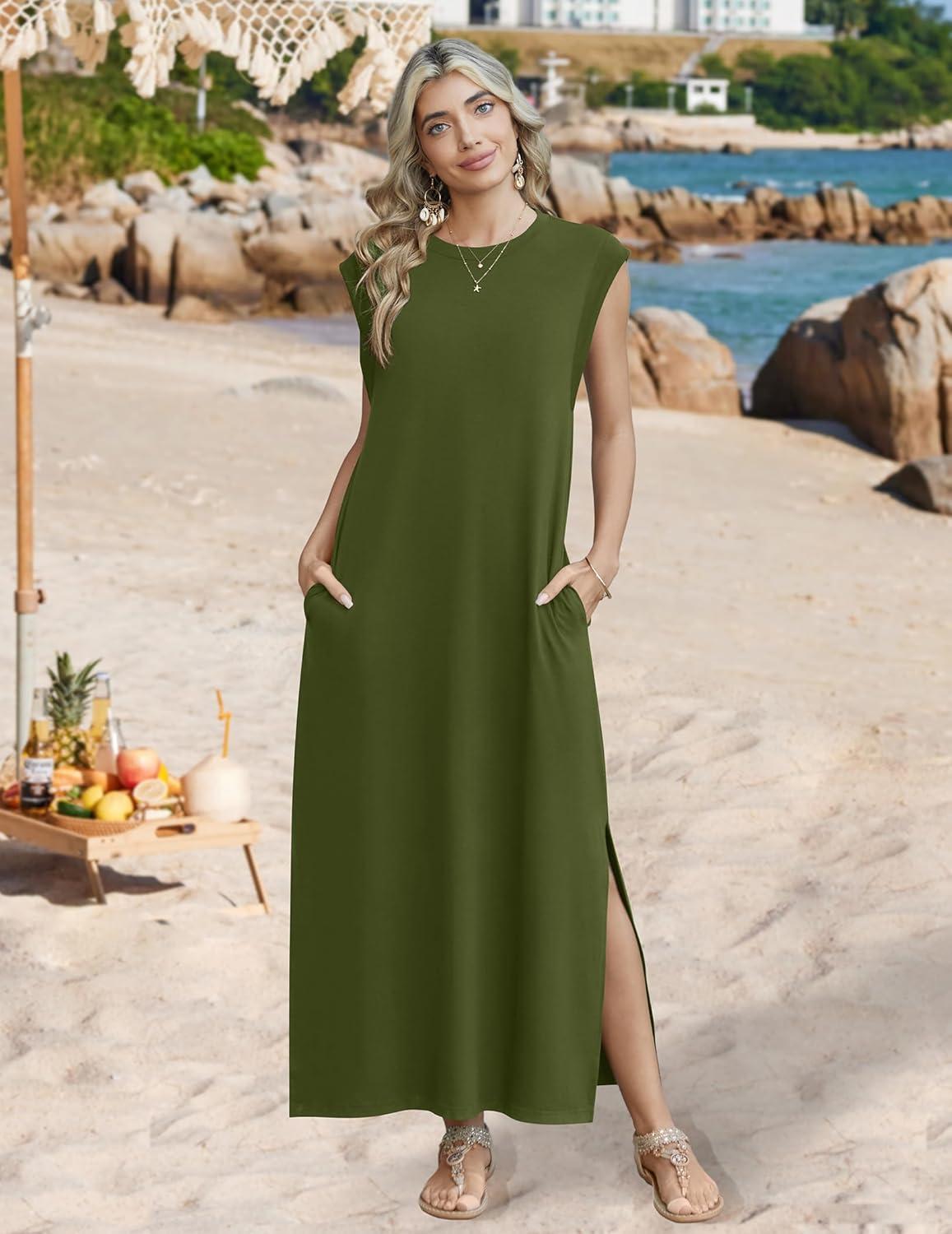 imageZeagoo Summer Dresses for Women 2026 Long Maxi Sundresses Loose Split WrinkleFree Beach Travel Vacation ClothesA03green