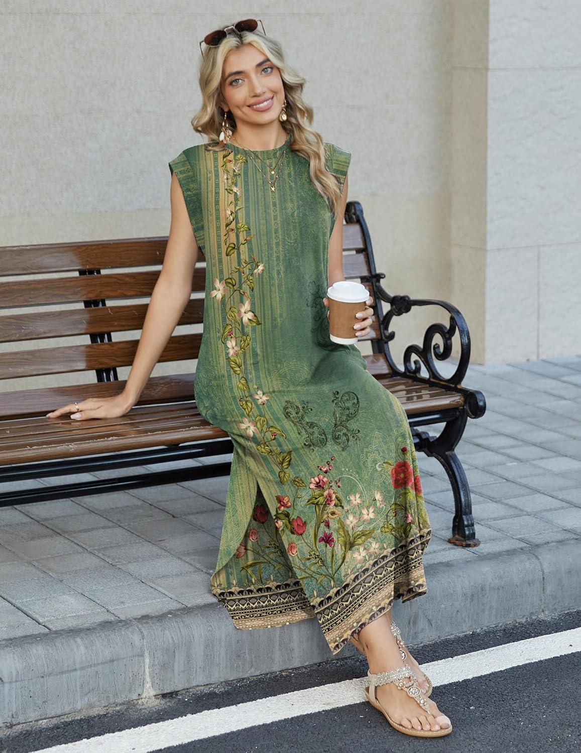 imageZeagoo Summer Dresses for Women 2026 Long Maxi Sundresses Loose Split WrinkleFree Beach Travel Vacation ClothesGreen Ethnic Pattern
