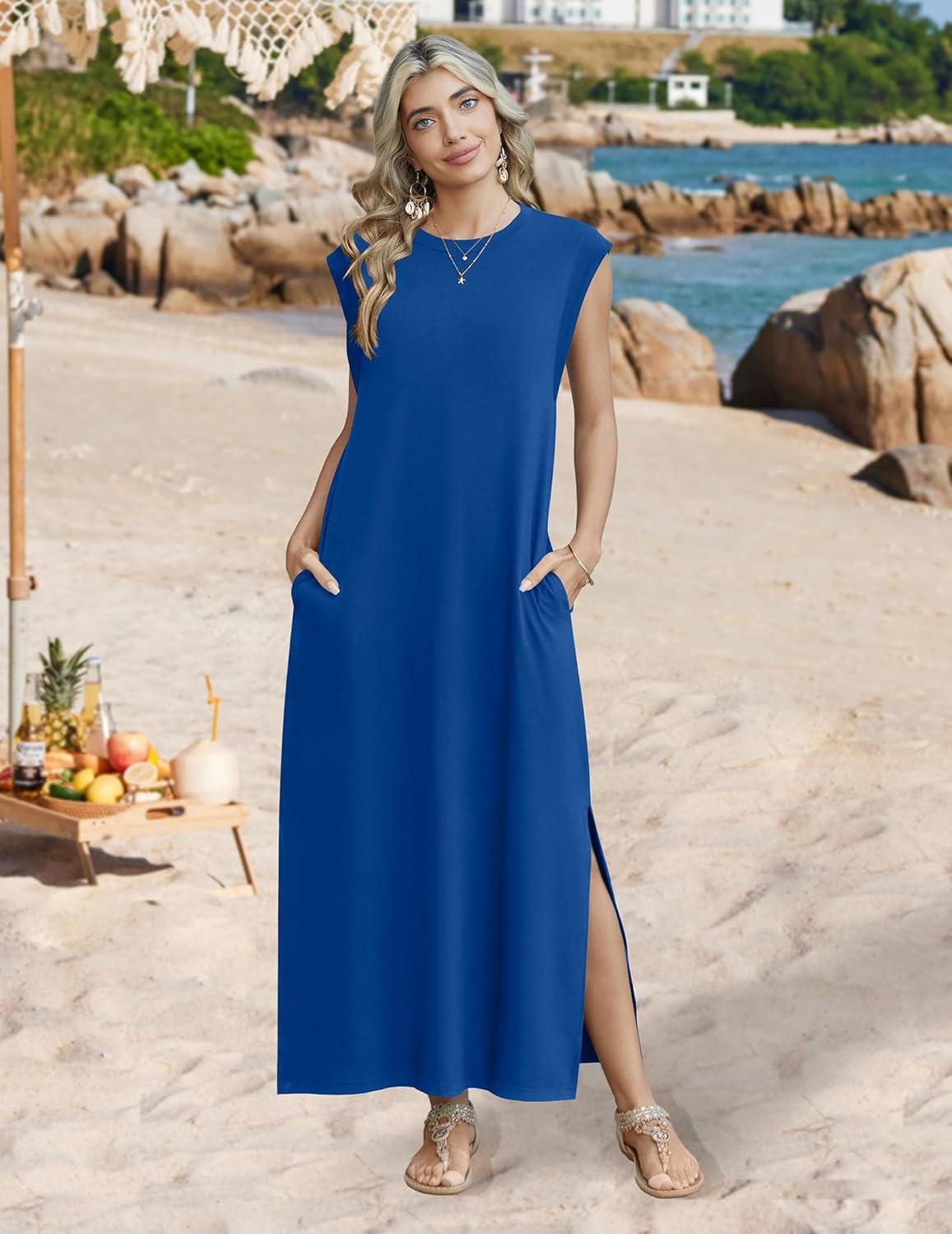 imageZeagoo Summer Dresses for Women 2026 Long Maxi Sundresses Loose Split WrinkleFree Beach Travel Vacation ClothesNavy Blue