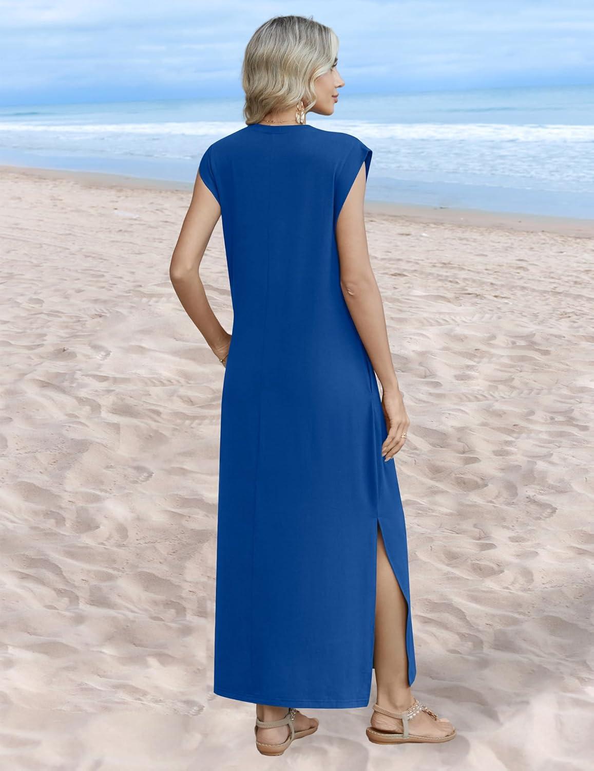imageZeagoo Summer Dresses for Women 2026 Long Maxi Sundresses Loose Split WrinkleFree Beach Travel Vacation ClothesNavy Blue