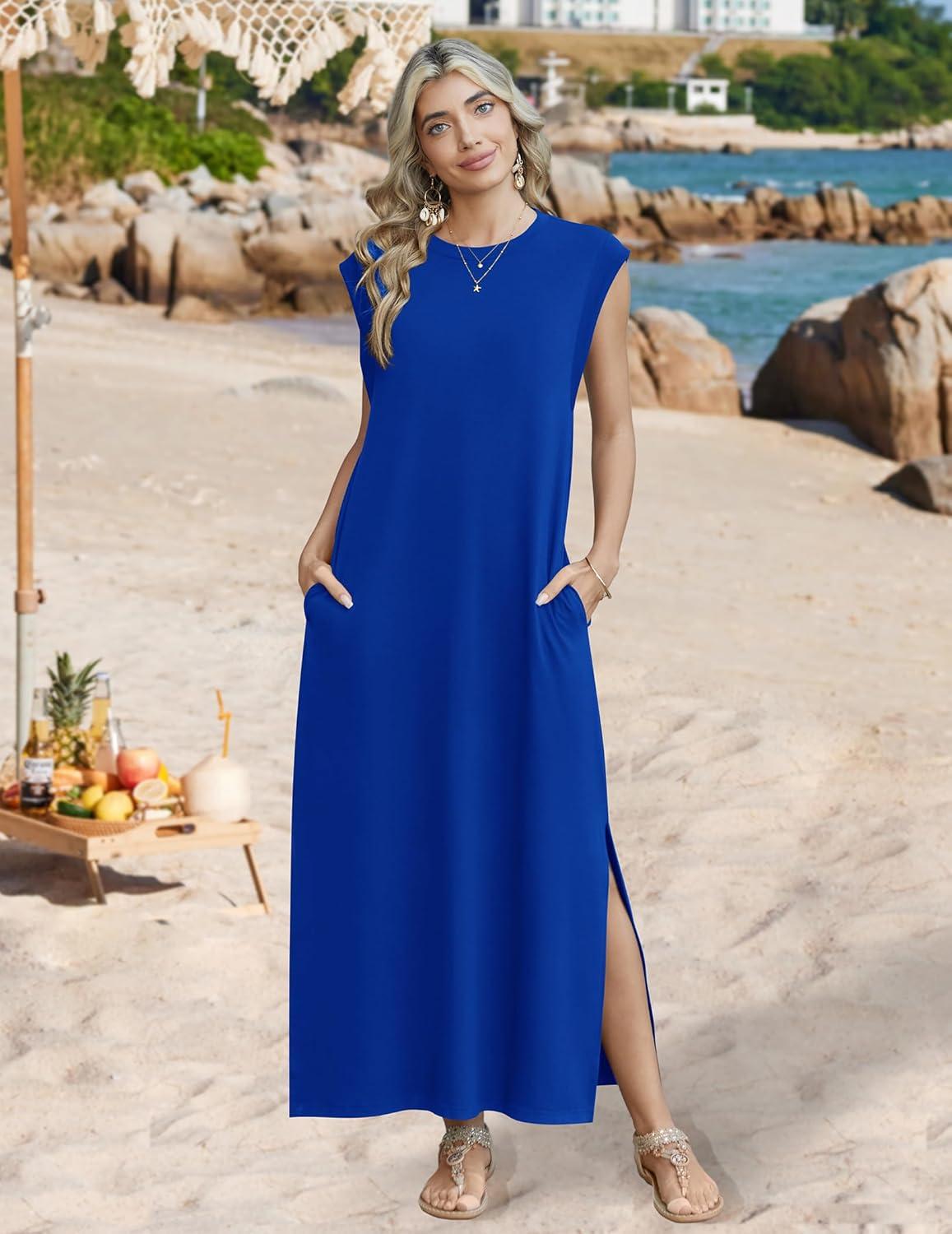 imageZeagoo Summer Dresses for Women 2026 Long Maxi Sundresses Loose Split WrinkleFree Beach Travel Vacation ClothesRoyal Blue