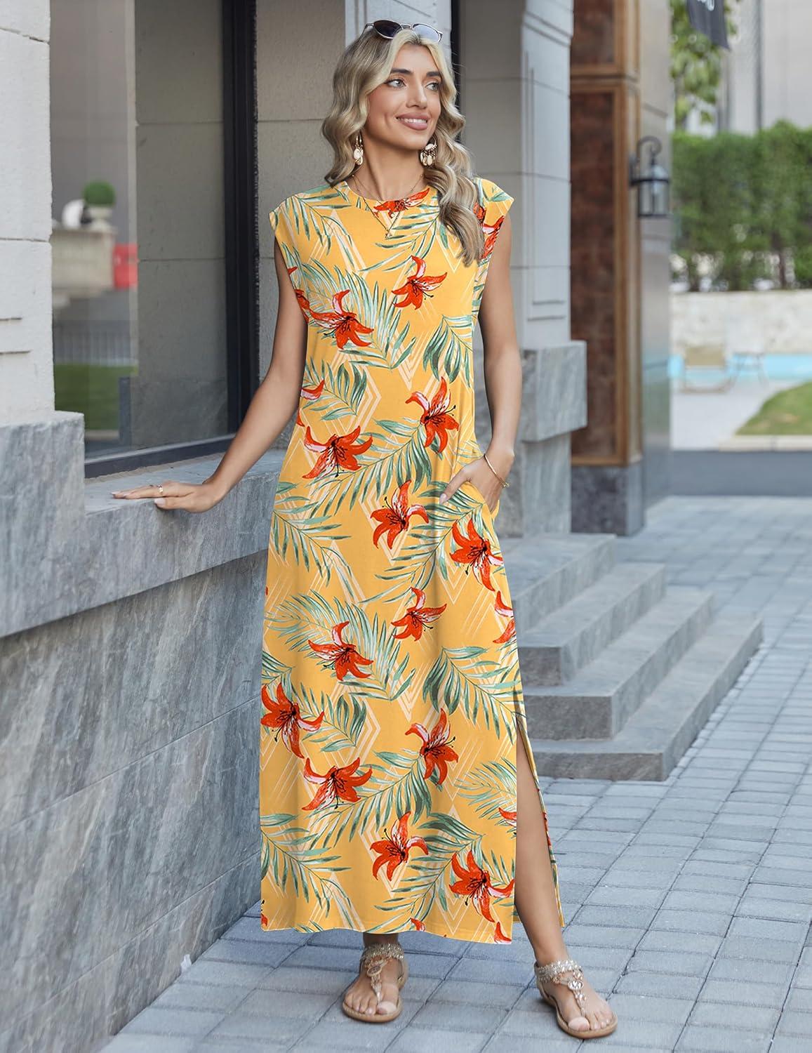 imageZeagoo Summer Dresses for Women 2026 Long Maxi Sundresses Loose Split WrinkleFree Beach Travel Vacation ClothesYellow Palm Leaf