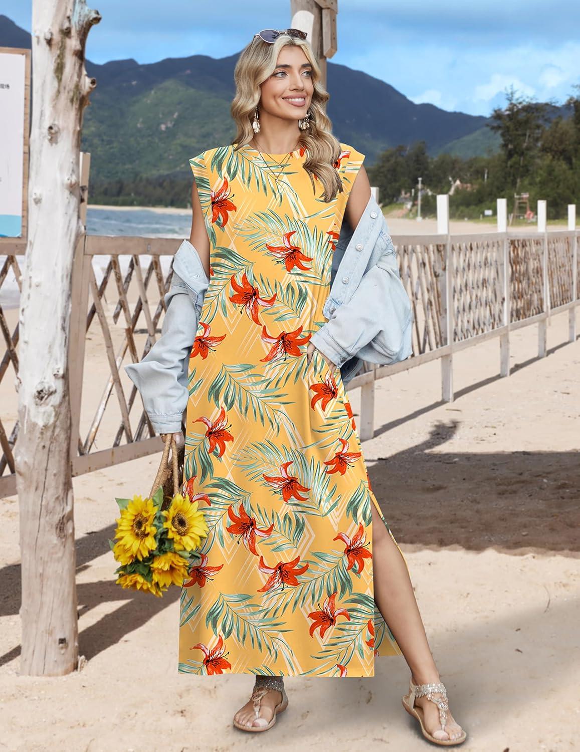 imageZeagoo Summer Dresses for Women 2026 Long Maxi Sundresses Loose Split WrinkleFree Beach Travel Vacation ClothesYellow Palm Leaf