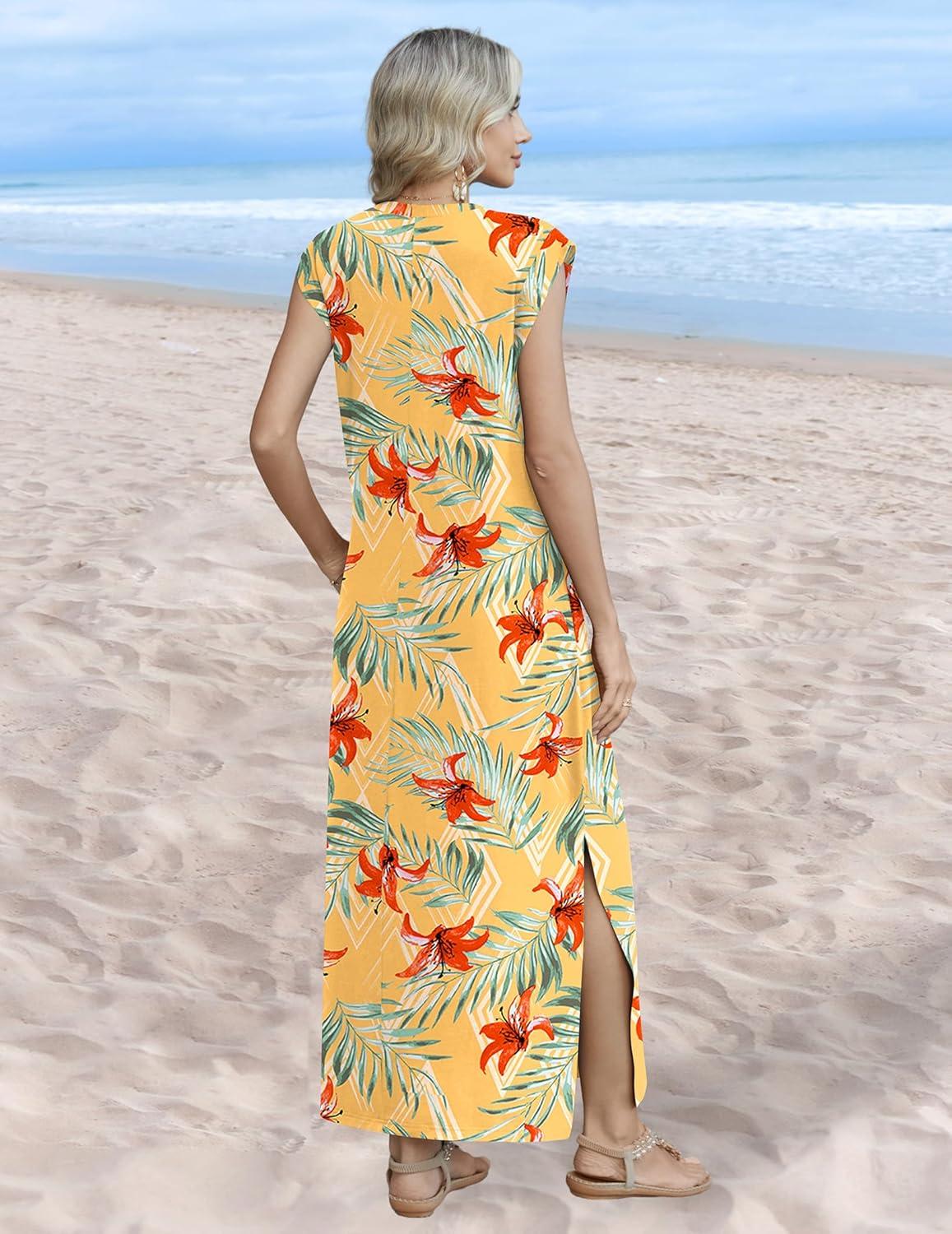 imageZeagoo Summer Dresses for Women 2026 Long Maxi Sundresses Loose Split WrinkleFree Beach Travel Vacation ClothesYellow Palm Leaf