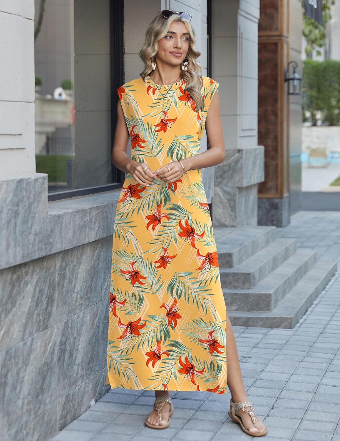 imageZeagoo Summer Dresses for Women 2026 Long Maxi Sundresses Loose Split WrinkleFree Beach Travel Vacation ClothesYellow Palm Leaf