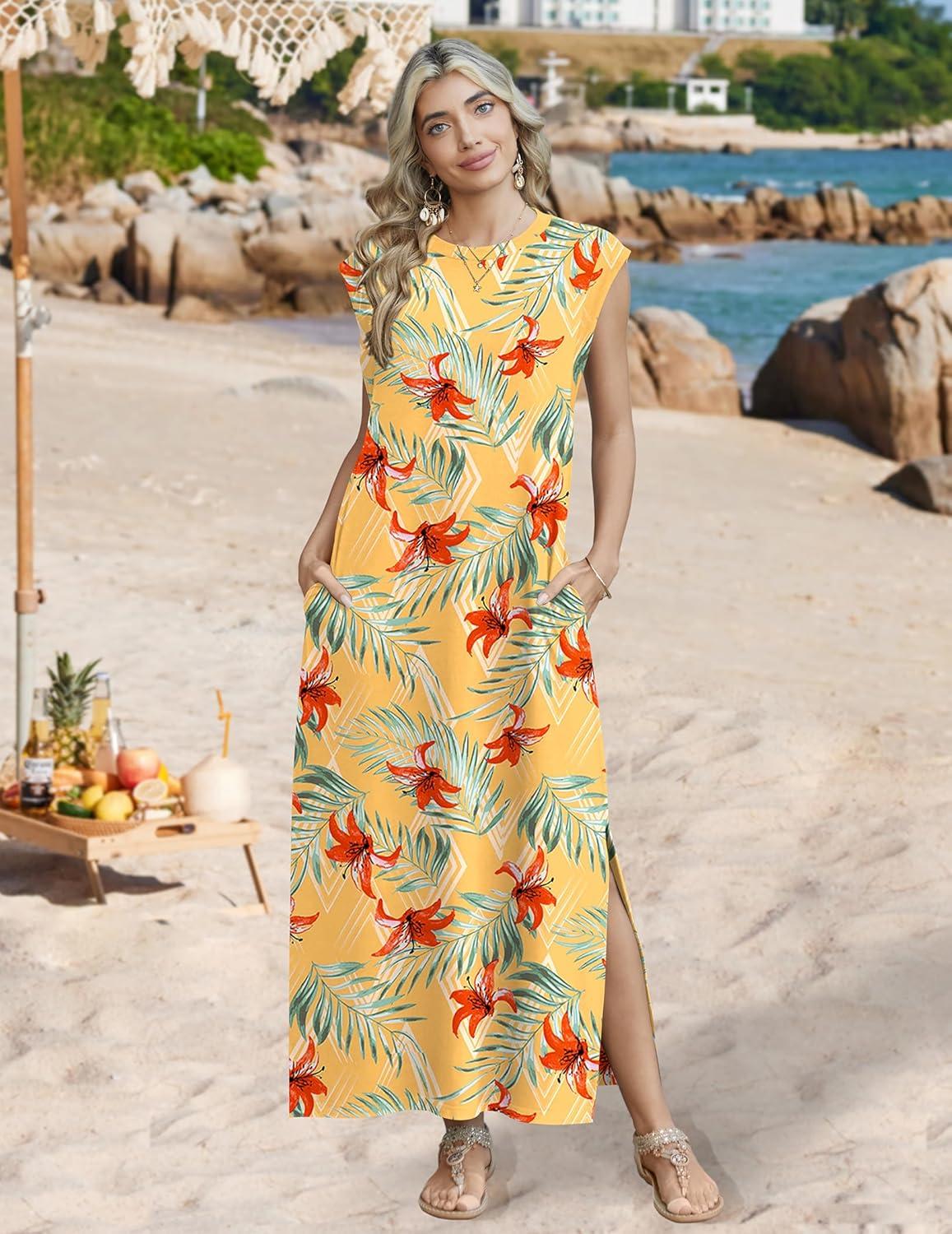 imageZeagoo Summer Dresses for Women 2026 Long Maxi Sundresses Loose Split WrinkleFree Beach Travel Vacation ClothesYellow Palm Leaf