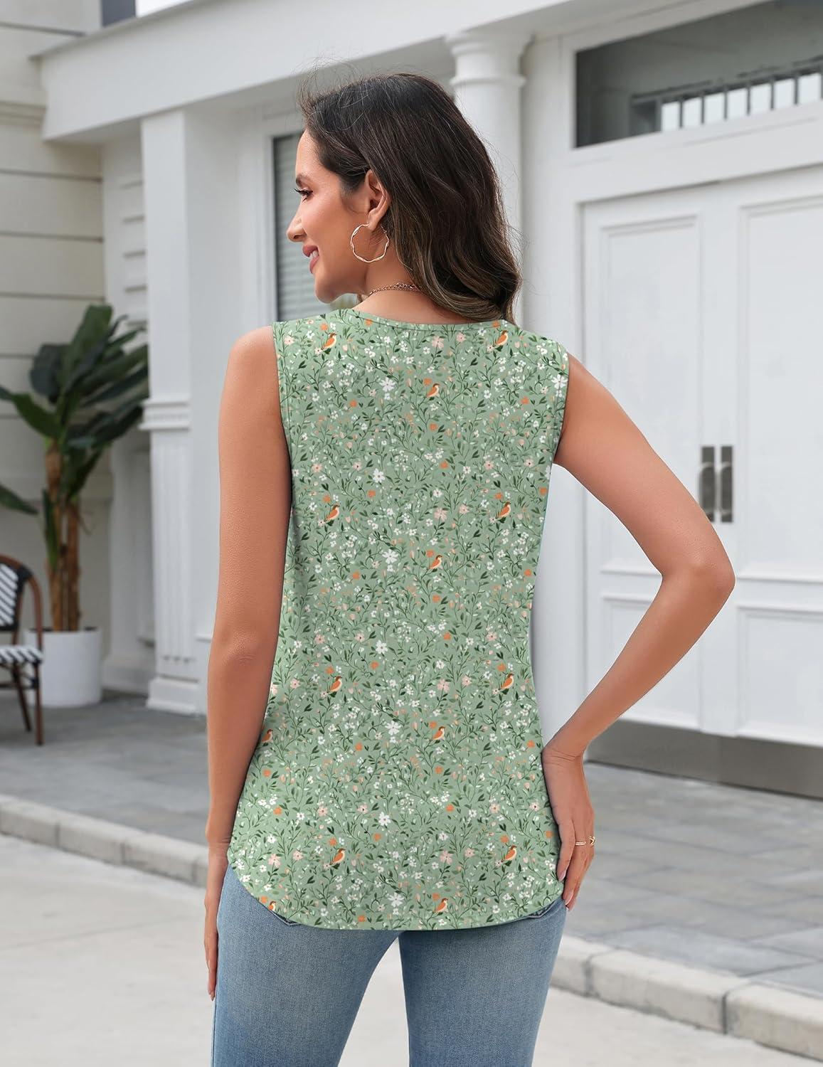 imageZeagoo Tank Top for Women V Neck Loose Fit Sleeveless Summer Tops Business Casual Outfits Dressy Blouses Shirts01 Green Flowers