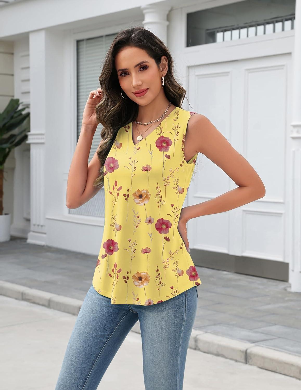 imageZeagoo Tank Top for Women V Neck Loose Fit Sleeveless Summer Tops Business Casual Outfits Dressy Blouses Shirts01 Yellow Flowers