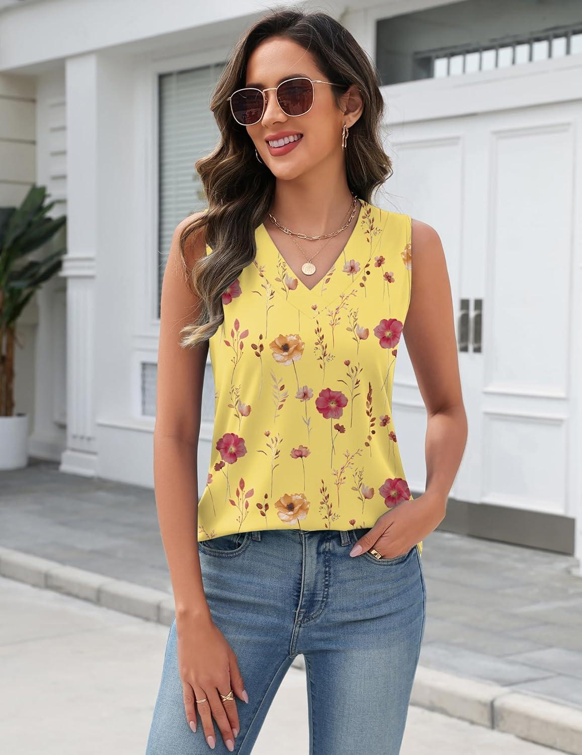 imageZeagoo Tank Top for Women V Neck Loose Fit Sleeveless Summer Tops Business Casual Outfits Dressy Blouses Shirts01 Yellow Flowers