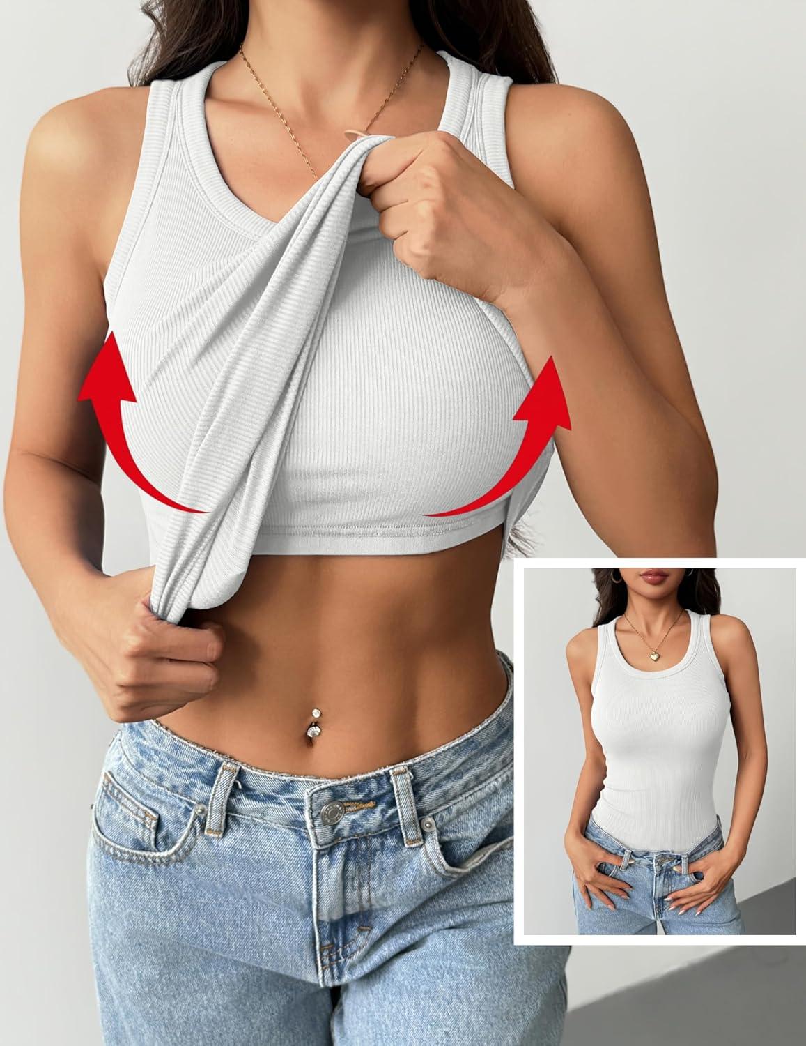 imageZeagoo Tank Tops with Built in Bra for Women Sleeveless Crewneck Racerback Ribbed Fitted Tops Basic Summer Clothing 20261white