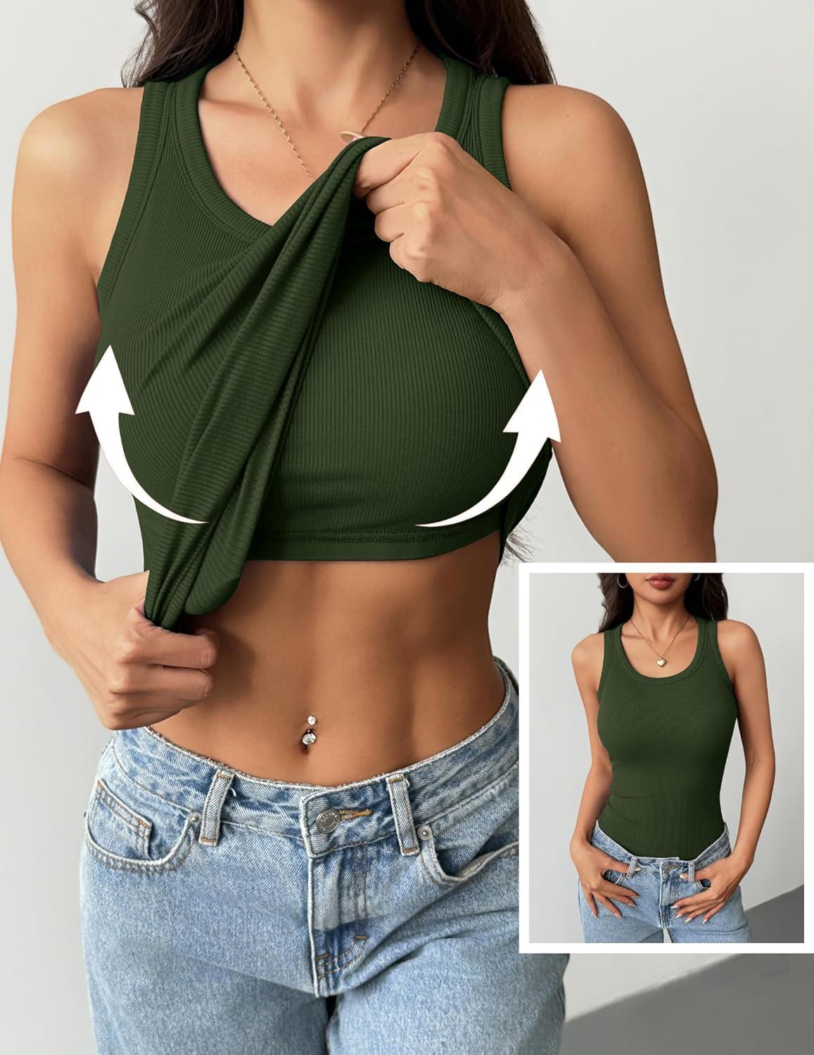 imageZeagoo Tank Tops with Built in Bra for Women Sleeveless Crewneck Racerback Ribbed Fitted Tops Basic Summer Clothing 2026Army Green