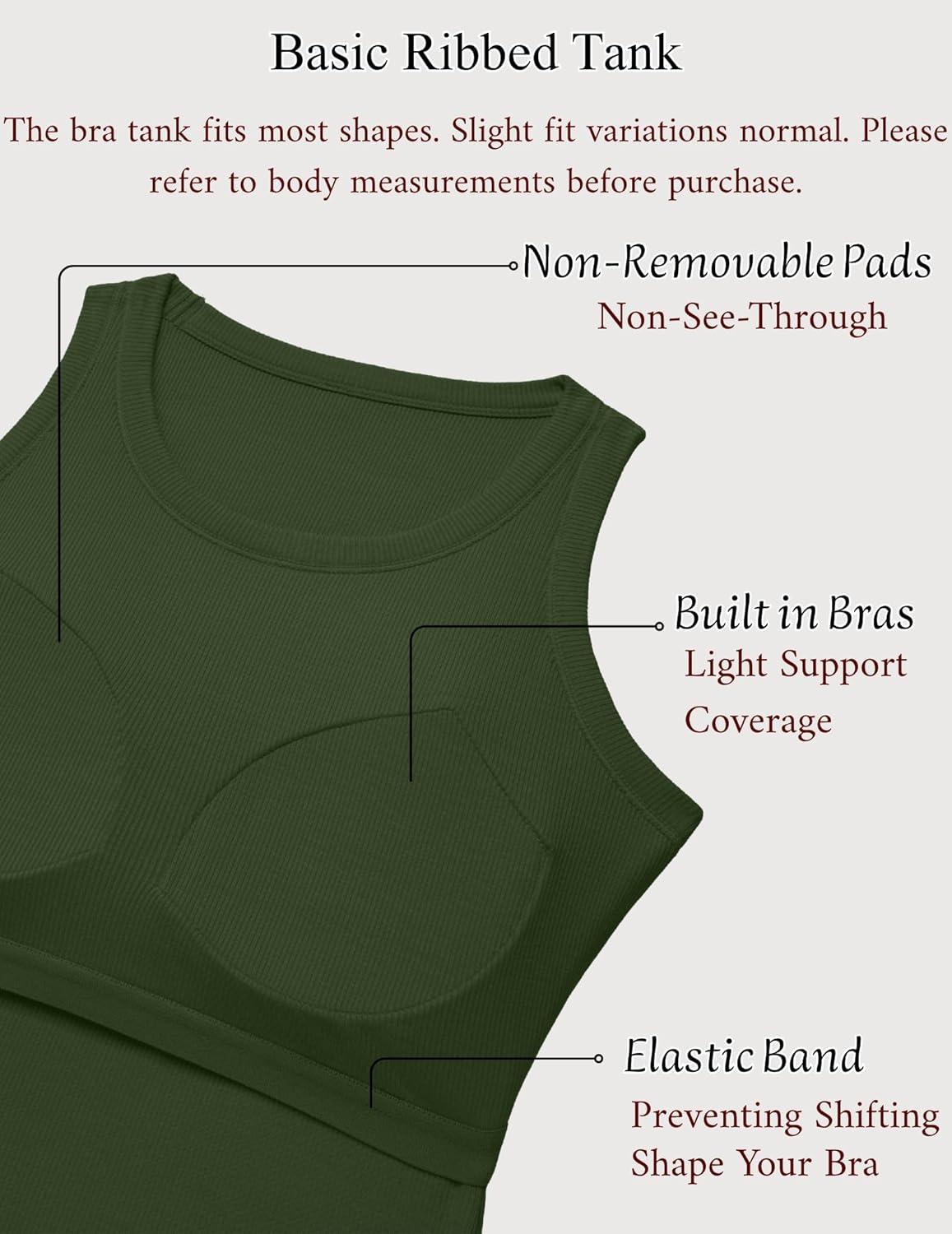 imageZeagoo Tank Tops with Built in Bra for Women Sleeveless Crewneck Racerback Ribbed Fitted Tops Basic Summer Clothing 2026Army Green