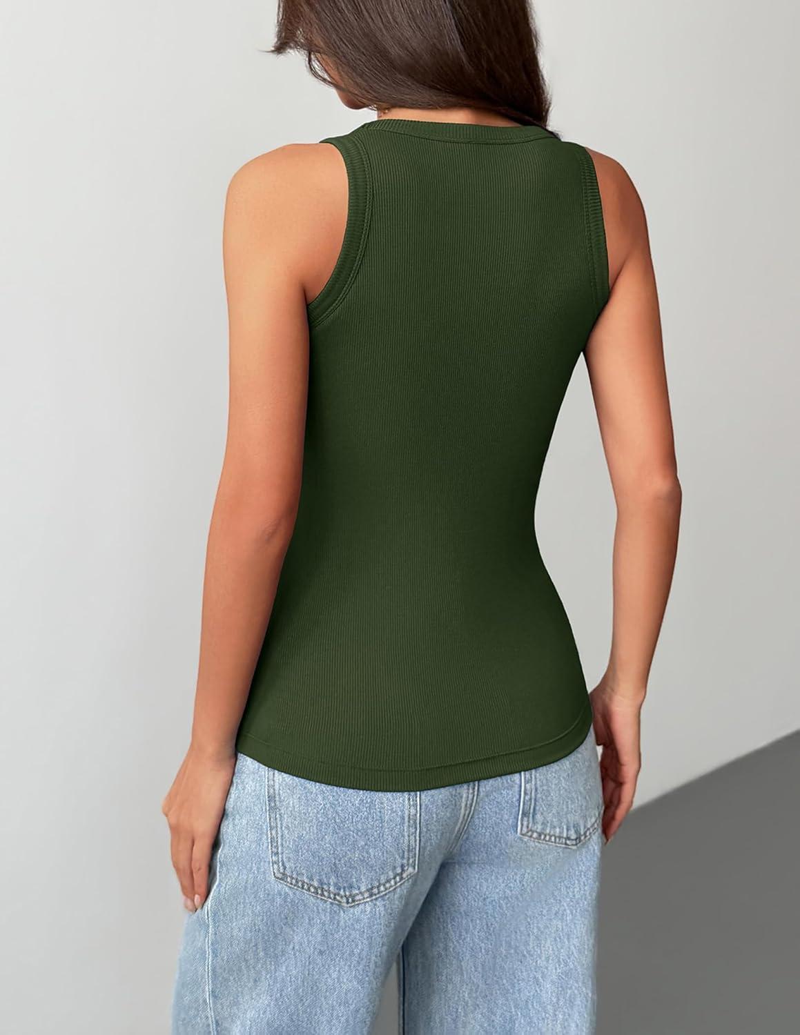 imageZeagoo Tank Tops with Built in Bra for Women Sleeveless Crewneck Racerback Ribbed Fitted Tops Basic Summer Clothing 2026Army Green