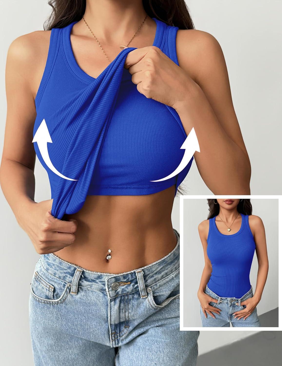 imageZeagoo Tank Tops with Built in Bra for Women Sleeveless Crewneck Racerback Ribbed Fitted Tops Basic Summer Clothing 2026Blue