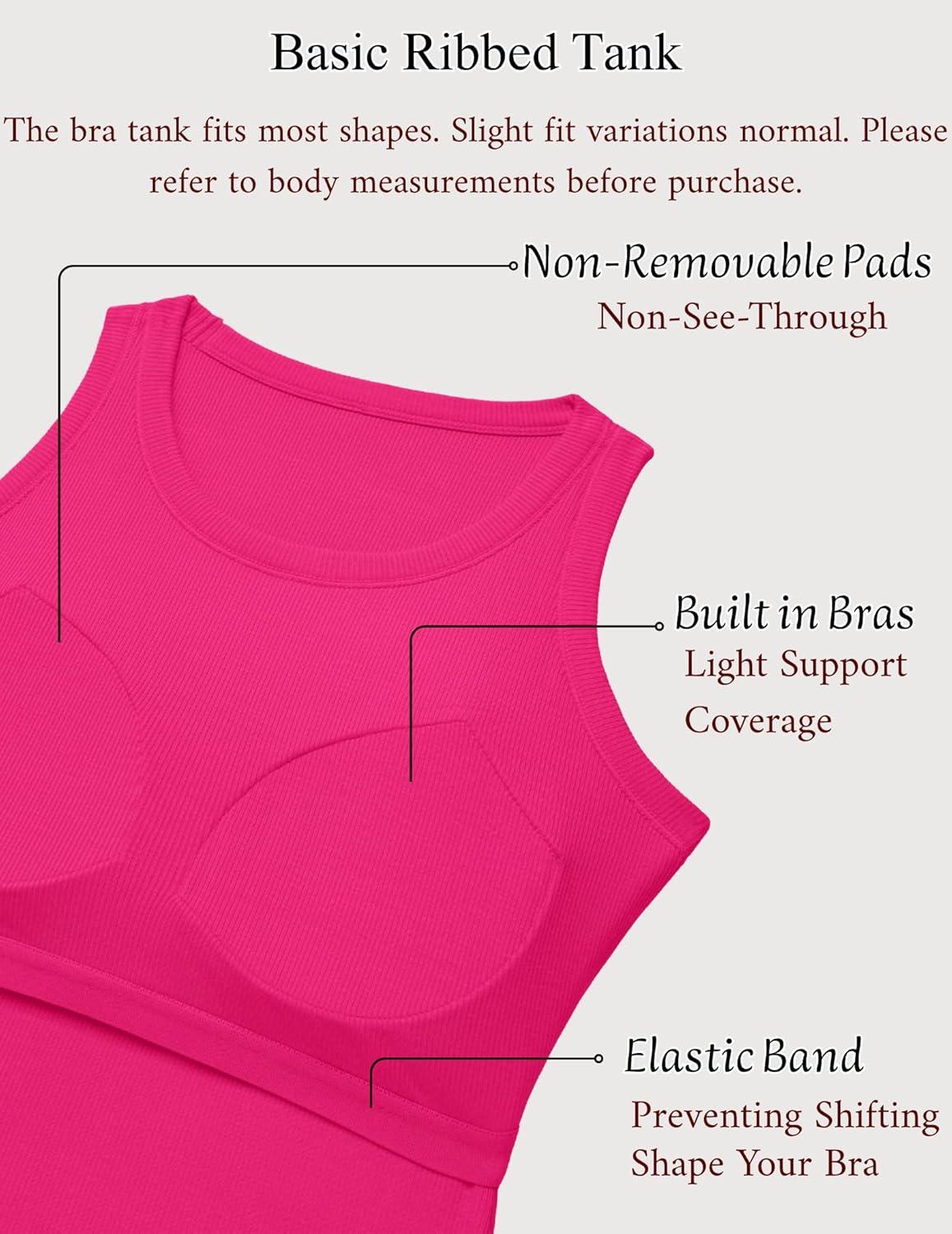 imageZeagoo Tank Tops with Built in Bra for Women Sleeveless Crewneck Racerback Ribbed Fitted Tops Basic Summer Clothing 2026Hot Pink