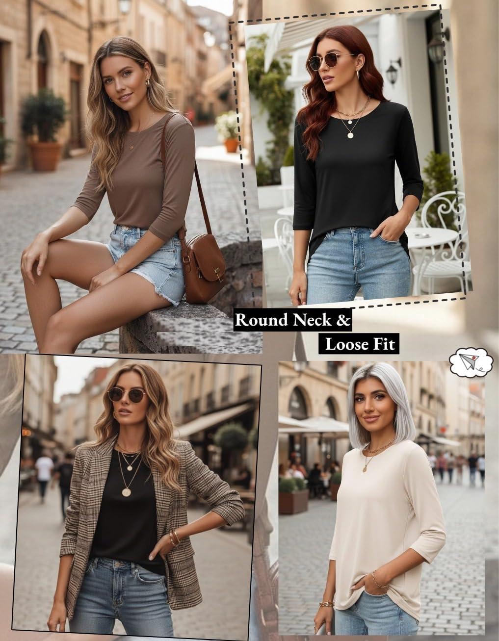 imageZeagoo Women Tops 3 Pack 34 Sleeve Crewneck Cute Basics Tees Casual Fashion Summer Spring T Shirts Business Work Tee TopBlackapricotcoffee
