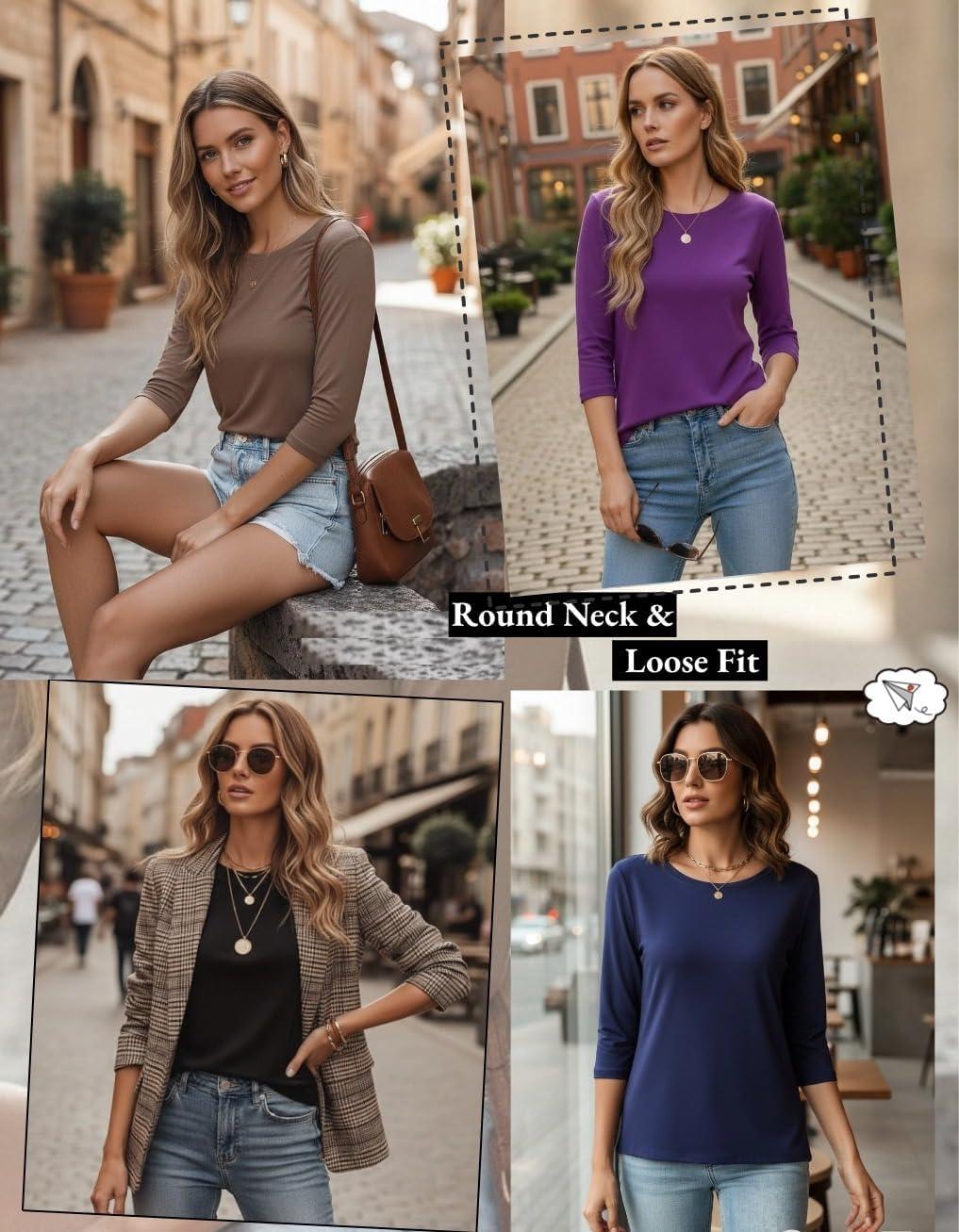 imageZeagoo Women Tops 3 Pack 34 Sleeve Crewneck Cute Basics Tees Casual Fashion Summer Spring T Shirts Business Work Tee TopBlacknavy Bluefuchsia