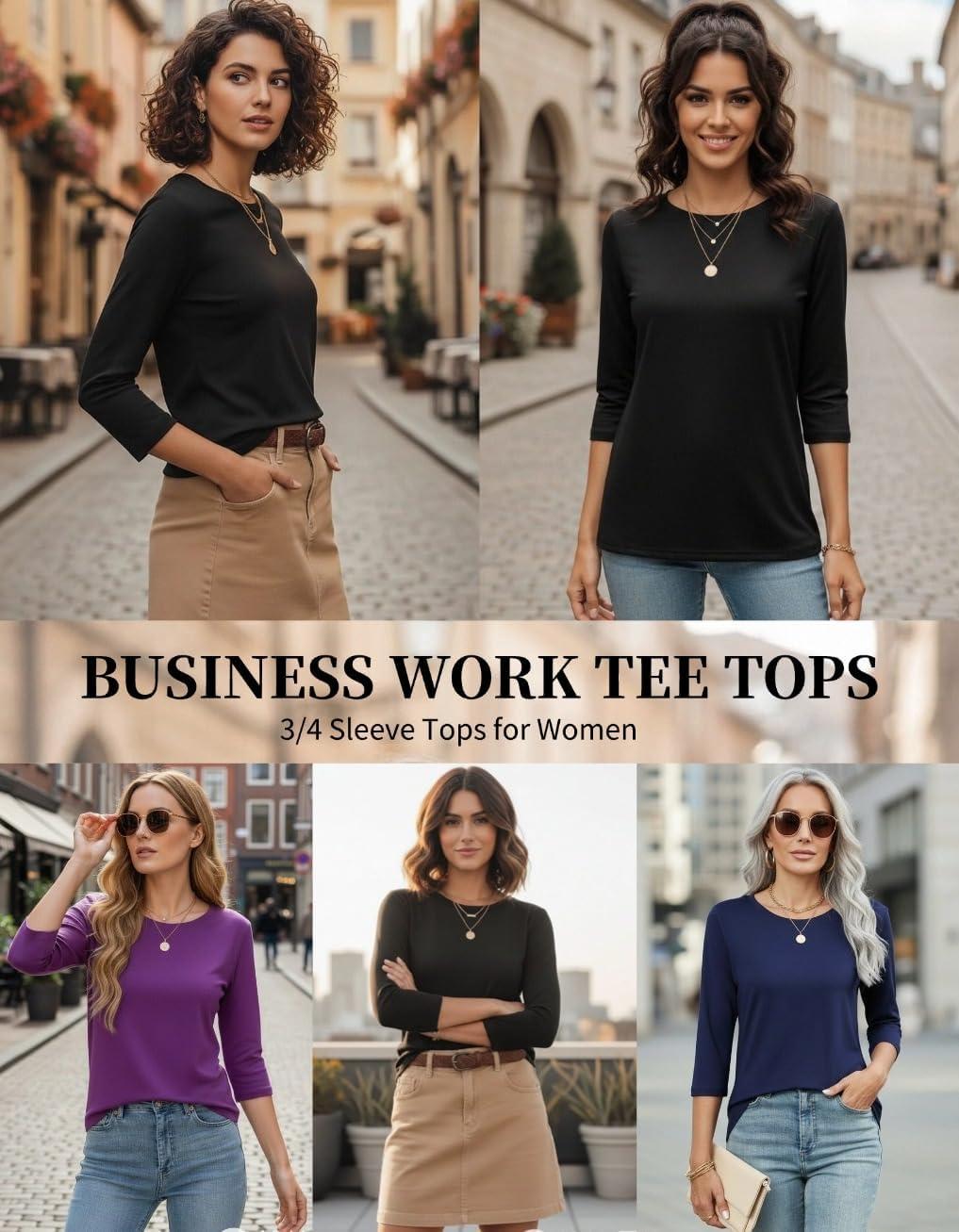 imageZeagoo Women Tops 3 Pack 34 Sleeve Crewneck Cute Basics Tees Casual Fashion Summer Spring T Shirts Business Work Tee TopBlacknavy Bluefuchsia
