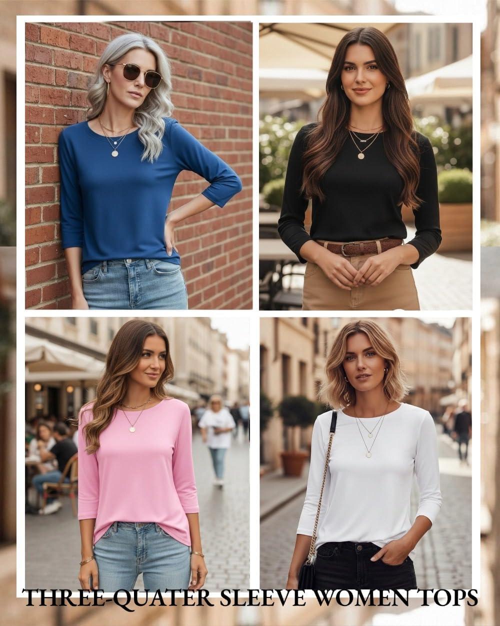 imageZeagoo Women Tops 3 Pack 34 Sleeve Crewneck Cute Basics Tees Casual Fashion Summer Spring T Shirts Business Work Tee TopBlackpinkblue