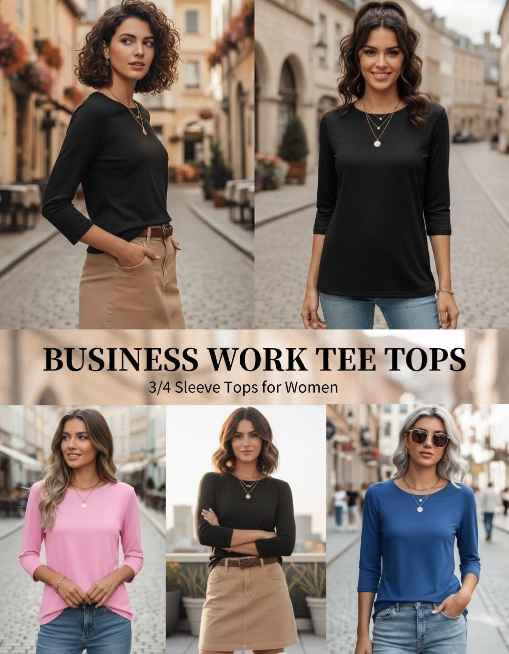 imageZeagoo Women Tops 3 Pack 34 Sleeve Crewneck Cute Basics Tees Casual Fashion Summer Spring T Shirts Business Work Tee TopBlackpinkblue