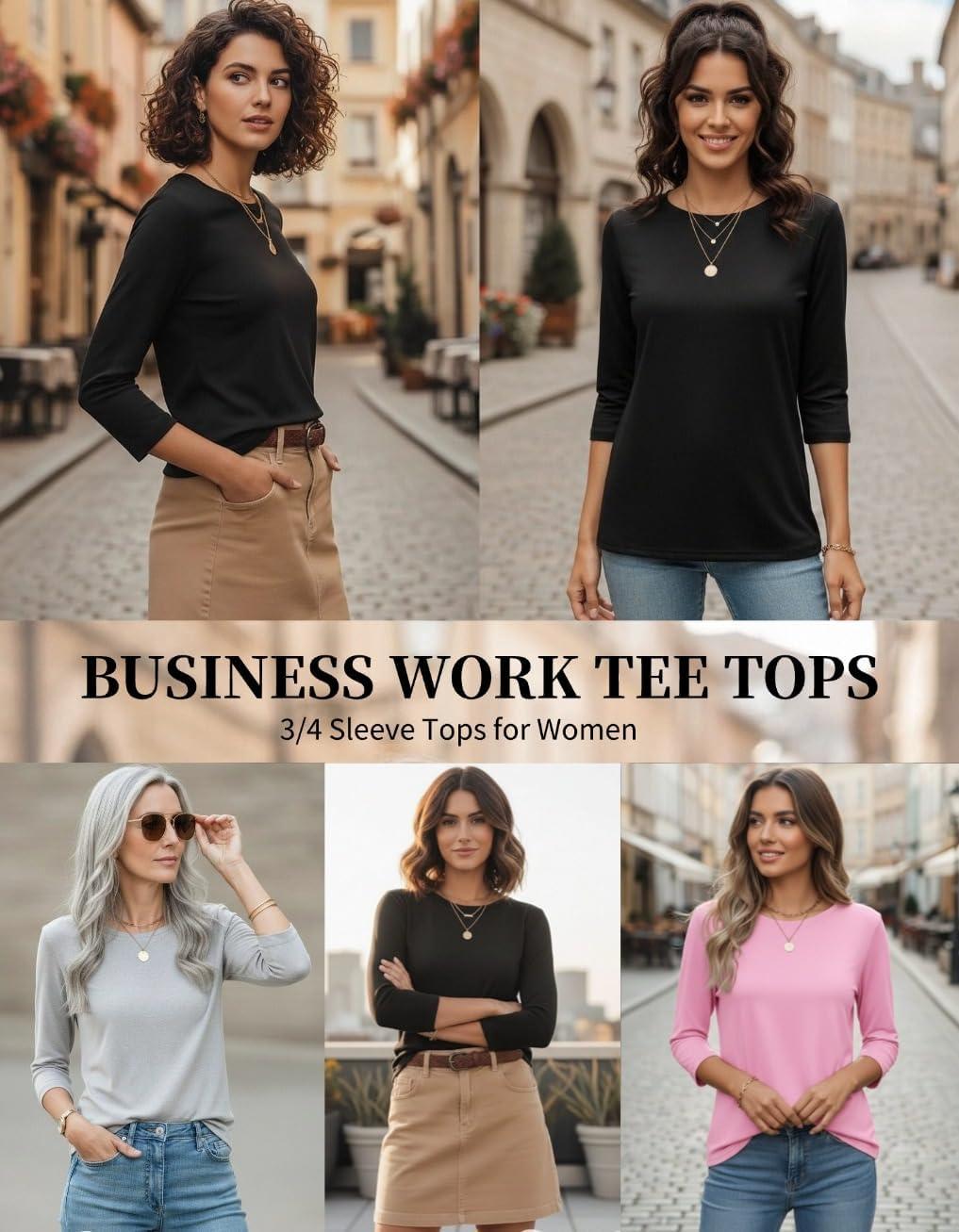 imageZeagoo Women Tops 3 Pack 34 Sleeve Crewneck Cute Basics Tees Casual Fashion Summer Spring T Shirts Business Work Tee TopBlackpinkgrey