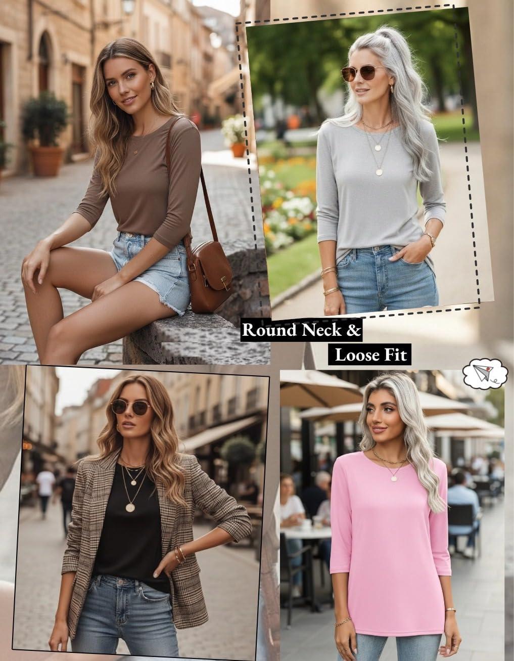 imageZeagoo Women Tops 3 Pack 34 Sleeve Crewneck Cute Basics Tees Casual Fashion Summer Spring T Shirts Business Work Tee TopBlackpinkgrey