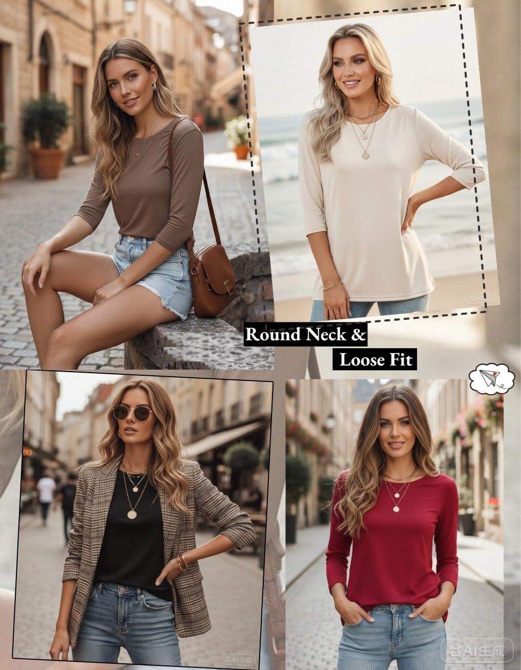 imageZeagoo Women Tops 3 Pack 34 Sleeve Crewneck Cute Basics Tees Casual Fashion Summer Spring T Shirts Business Work Tee TopBlackredapricot