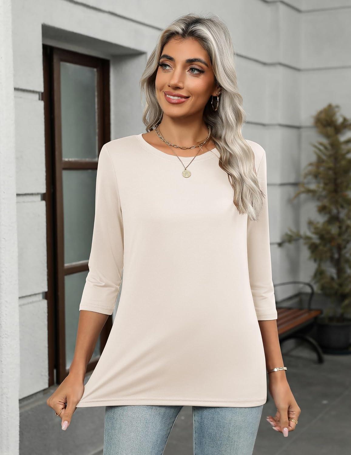imageZeagoo Women Tops 3 Pack 34 Sleeve Crewneck Cute Basics Tees Casual Fashion Summer Spring T Shirts Business Work Tee TopBlackredapricot