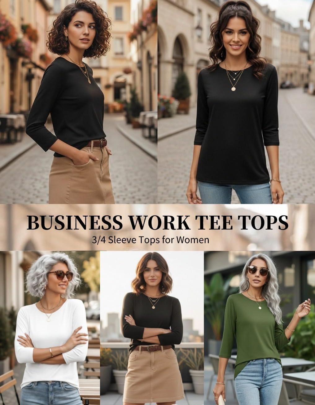 imageZeagoo Women Tops 3 Pack 34 Sleeve Crewneck Cute Basics Tees Casual Fashion Summer Spring T Shirts Business Work Tee TopBlackwhitearmy Green