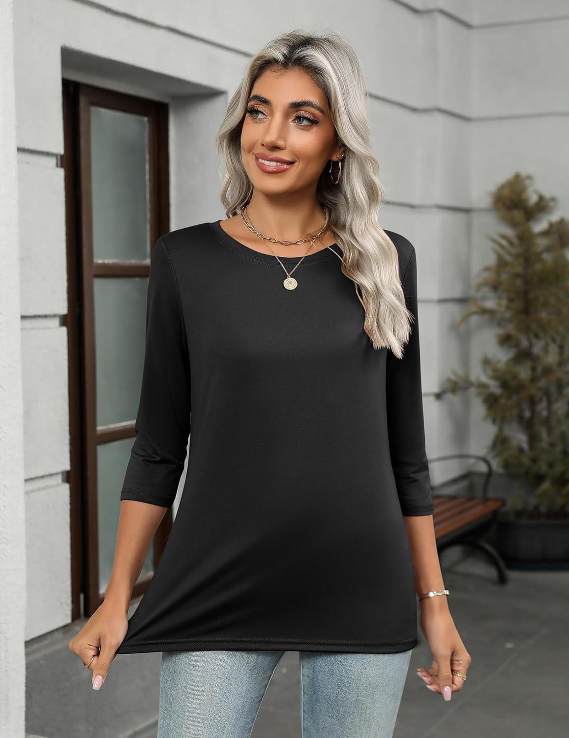 imageZeagoo Women Tops 3 Pack 34 Sleeve Crewneck Cute Basics Tees Casual Fashion Summer Spring T Shirts Business Work Tee TopBlackwhiteblue