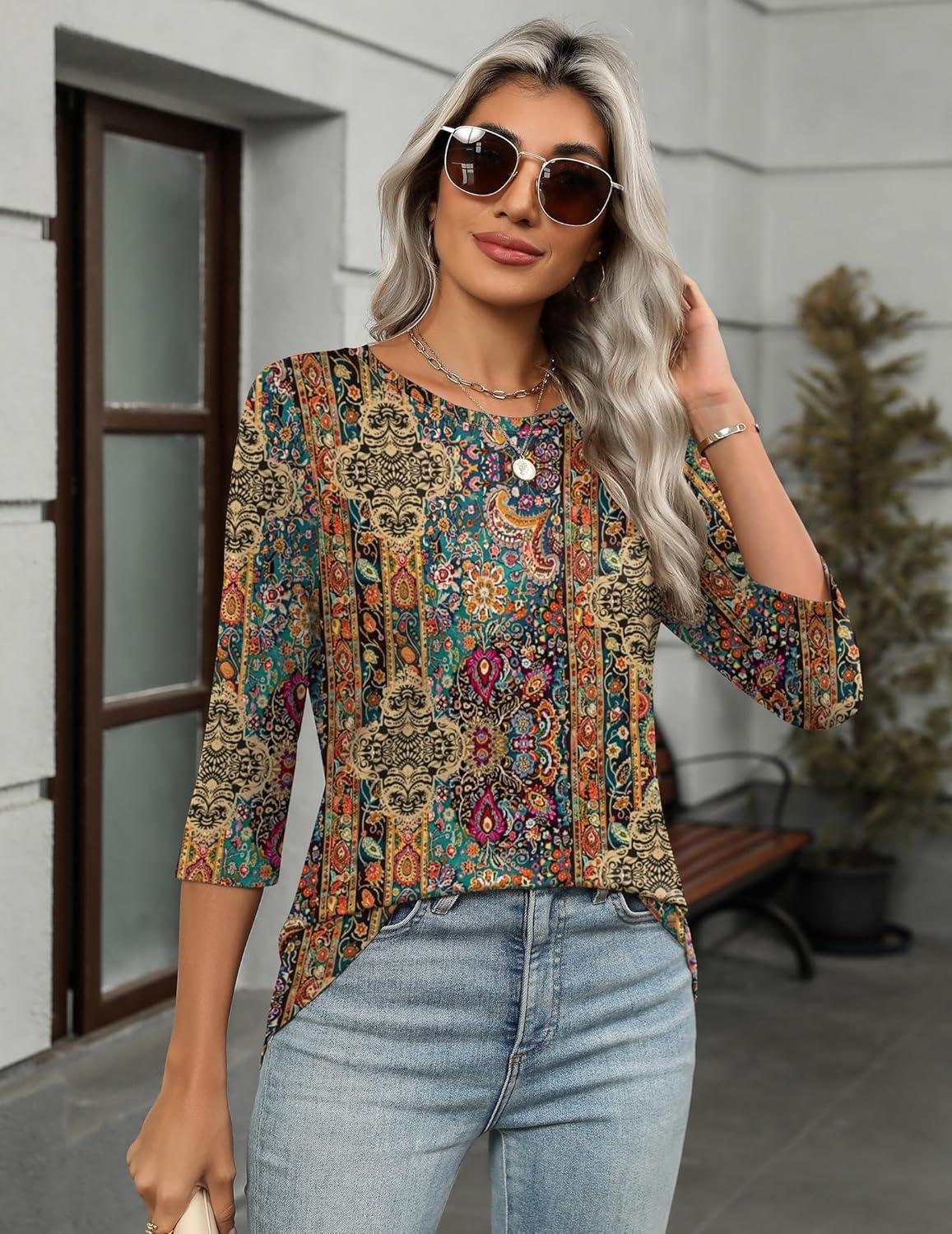 imageZeagoo Women Tops 3 Pack 34 Sleeve Crewneck Cute Basics Tees Casual Fashion Summer Spring T Shirts Business Work Tee TopBlackwhiteboho Mz721
