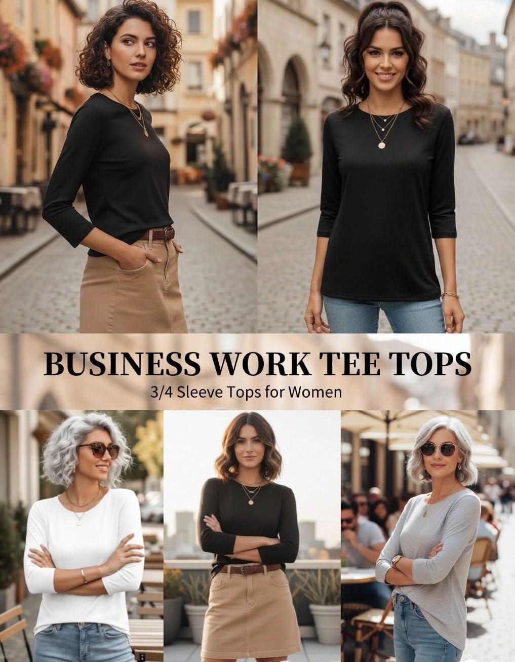 imageZeagoo Women Tops 3 Pack 34 Sleeve Crewneck Cute Basics Tees Casual Fashion Summer Spring T Shirts Business Work Tee TopBlackwhitegrey