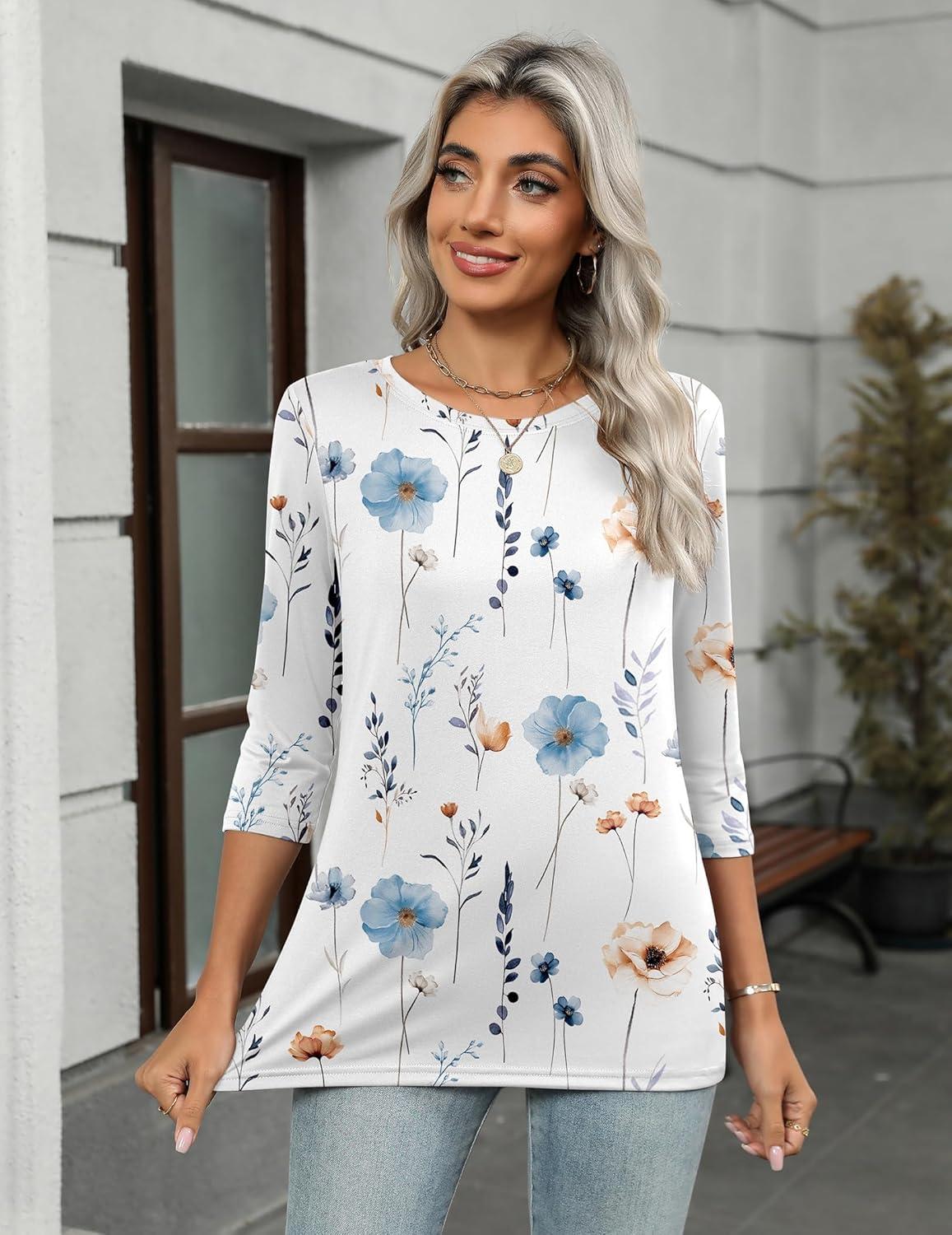 imageZeagoo Women Tops 3 Pack 34 Sleeve Crewneck Cute Basics Tees Casual Fashion Summer Spring T Shirts Business Work Tee TopBlackwhiteprint Bf290
