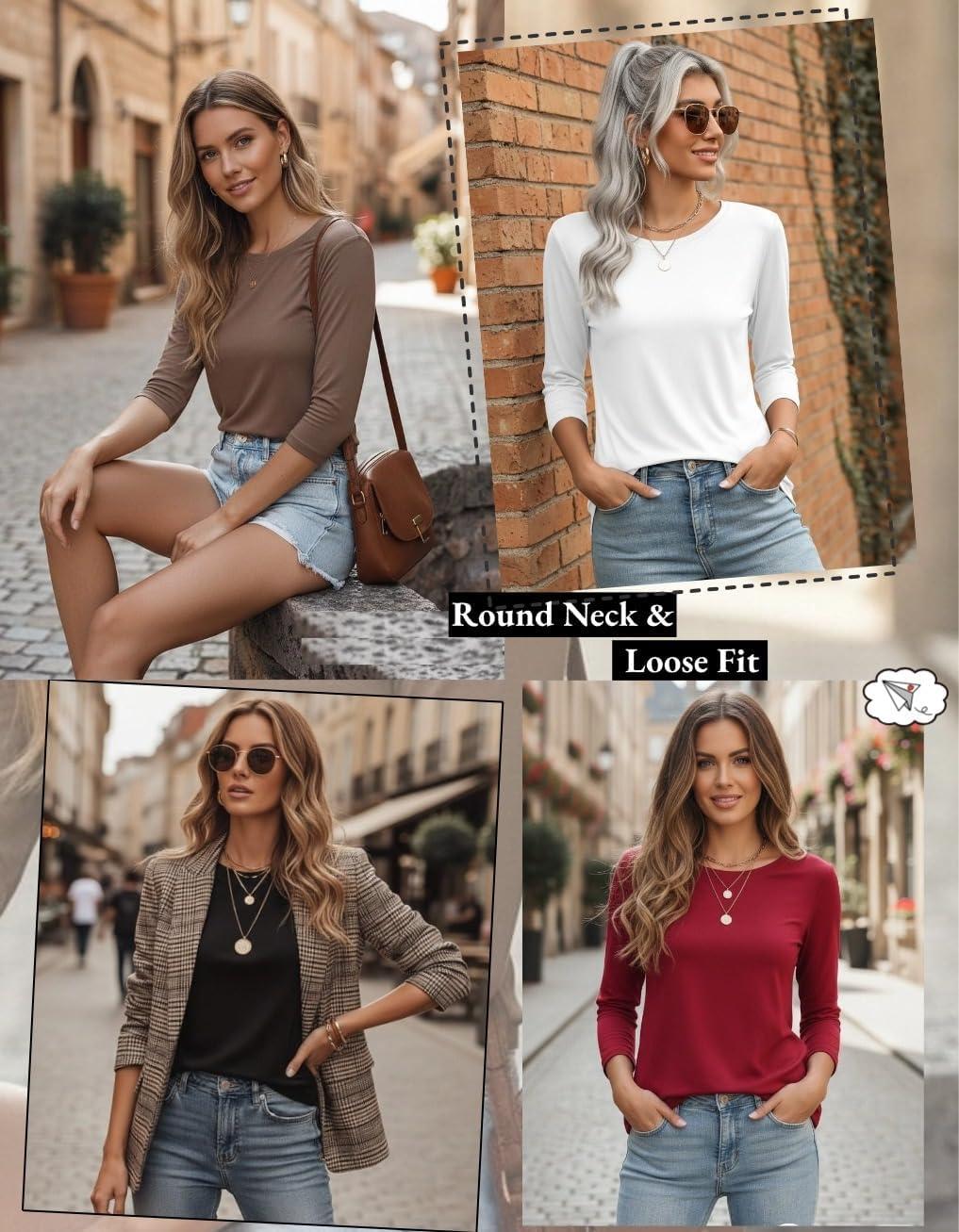 imageZeagoo Women Tops 3 Pack 34 Sleeve Crewneck Cute Basics Tees Casual Fashion Summer Spring T Shirts Business Work Tee TopBlackwhitered