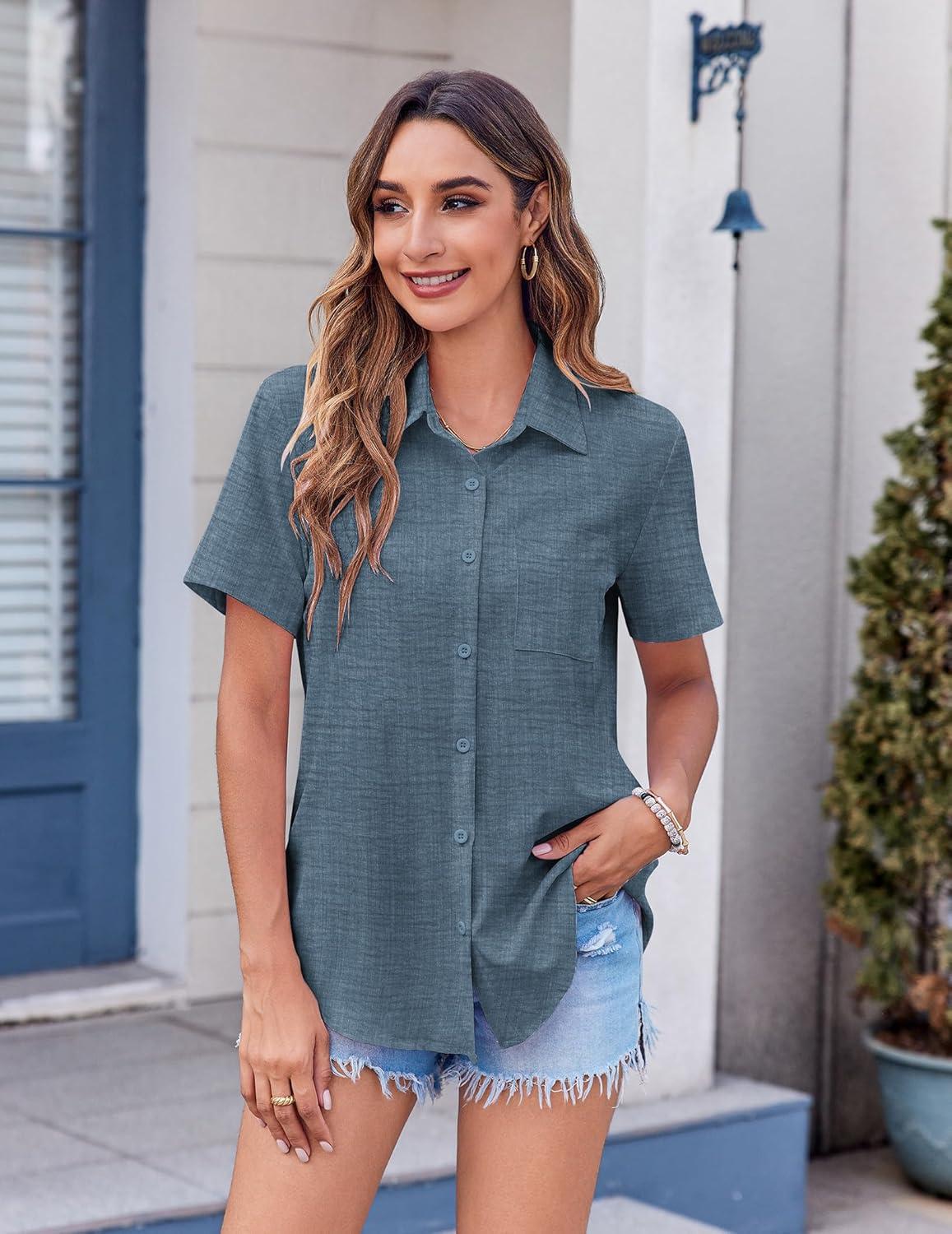 imageZeagoo Womens Button Down Shirt Bust Pocket Short Sleeve Blouses Business Casual Work Tops Summer OutfitsDark Denim Blue