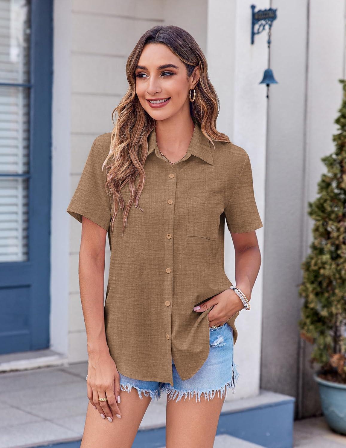 imageZeagoo Womens Button Down Shirt Bust Pocket Short Sleeve Blouses Business Casual Work Tops Summer OutfitsTan