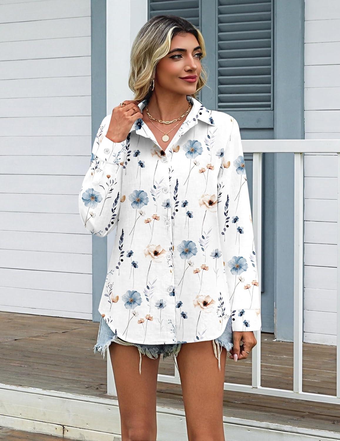 imageZeagoo Womens Cotton Linen Button Down Shirts Loose Fit Long Sleeve Collared Blouse Casual V Neck Tops Outfits S3XLBf290