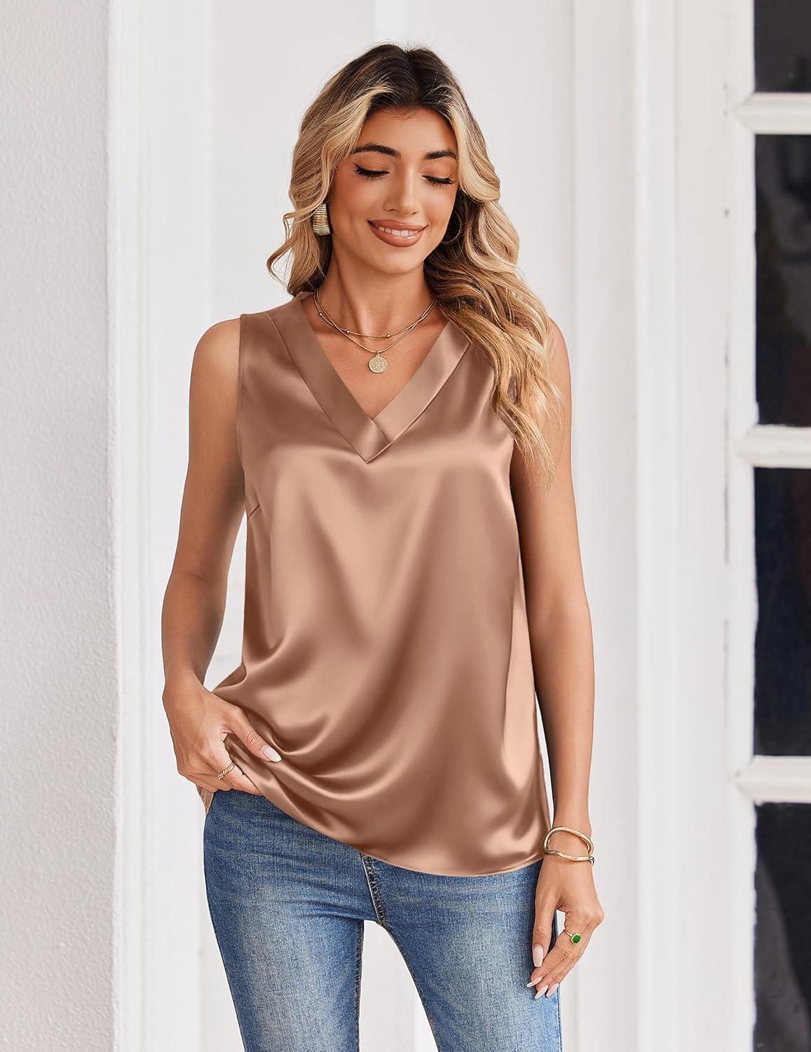imageZeagoo Womens Silk Satin Tank Tops V Neck Casual Camisoles Sleeveless Business Work Blouses Dressy Summer ShirtsLight Coffee