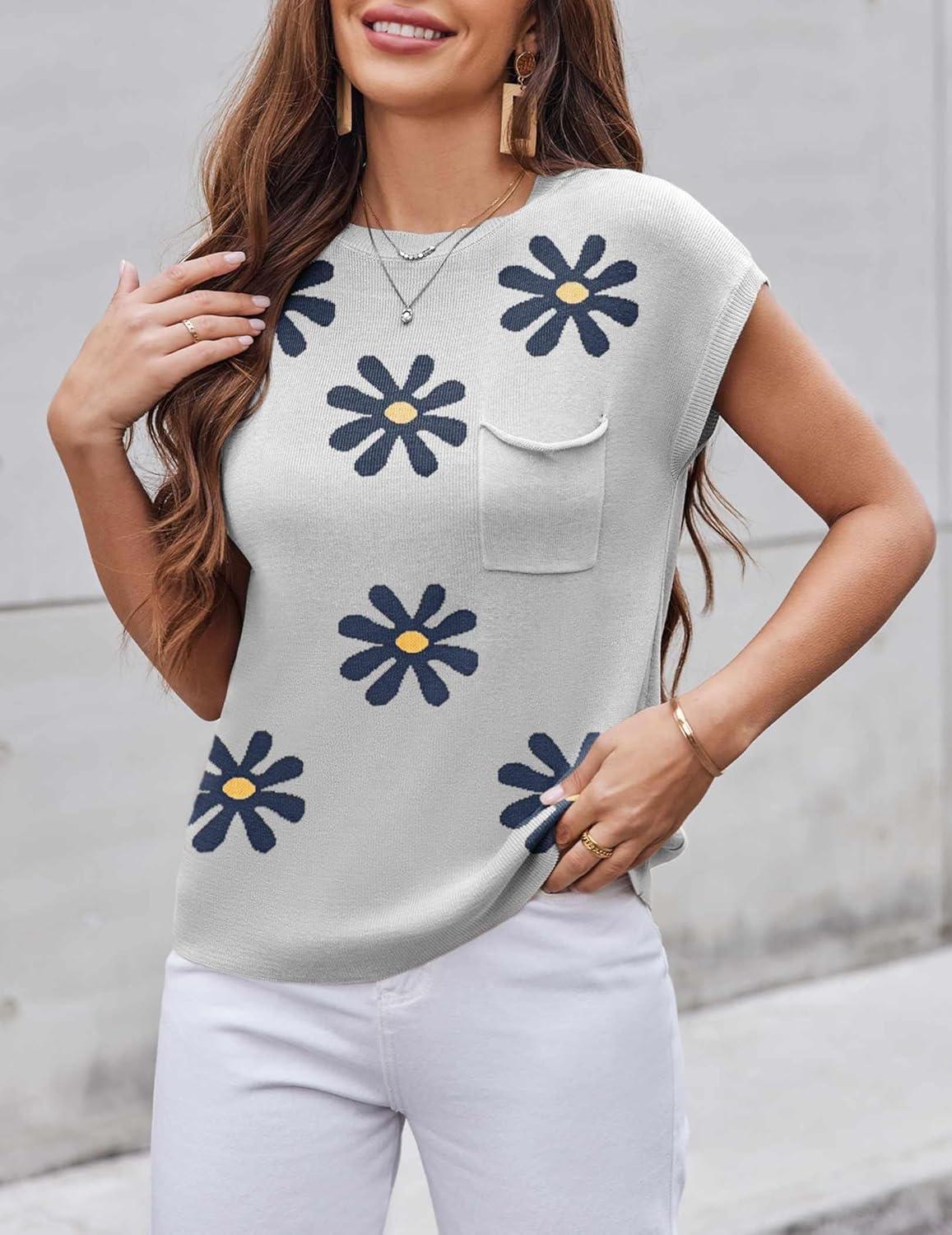 imageZeagoo Womens Sweater Vest Fall 2026 Loose Fit Cape Sleeve Knit Ribbed Tank Tops with Front PocketBlack Flower