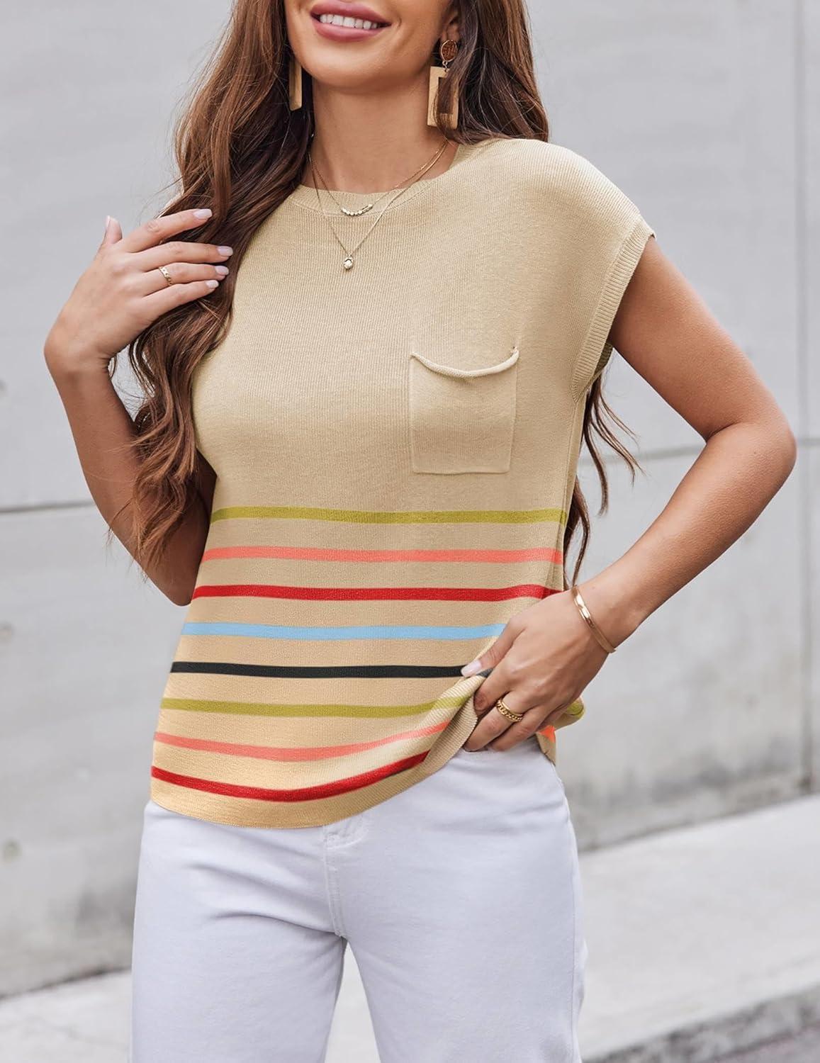 imageZeagoo Womens Sweater Vest Fall 2026 Loose Fit Cape Sleeve Knit Ribbed Tank Tops with Front PocketMulticolord Stripe