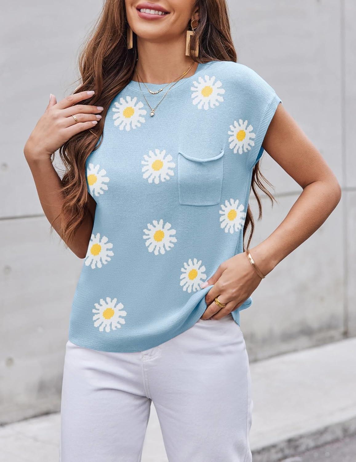 imageZeagoo Womens Sweater Vest Fall 2026 Loose Fit Cape Sleeve Knit Ribbed Tank Tops with Front PocketWhite Flower