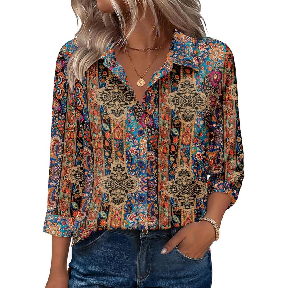 imageZeagoo Button Down Shirts for Women 34 Sleeve Tops V Neck Collared Blouses Business Casual OutfitsMz721