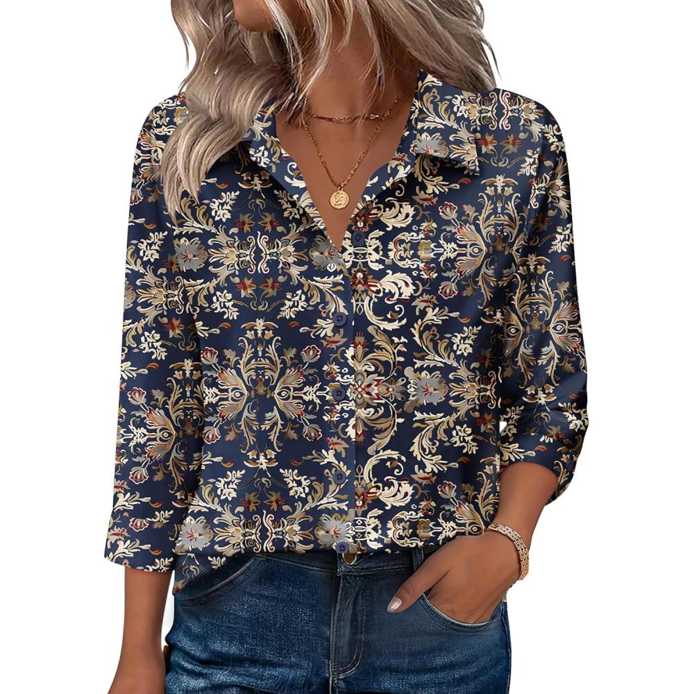 imageZeagoo Button Down Shirts for Women 34 Sleeve Tops V Neck Collared Blouses Business Casual OutfitsMz869