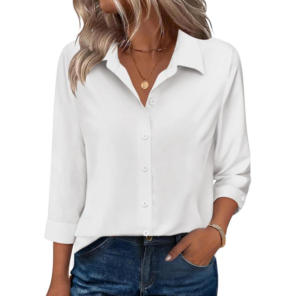 imageZeagoo Button Down Shirts for Women 34 Sleeve Tops V Neck Collared Blouses Business Casual OutfitsWhite