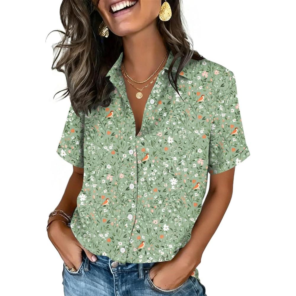 imageZeagoo Button Down Shirts for Women Short Sleeve Collared Tops Dressy Casual V Neck BlousesGreen Florals